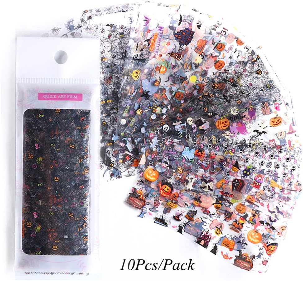 Halloween Nail Foil Set Fall Nail Decals Day of The Dead Nail Art Stickers Pumpkin Cat Designs Charms Nail Decorations DIY Transfer Paper Holographic Nail Decor Wraps Adhesive Accessory 10Pcs/Pack