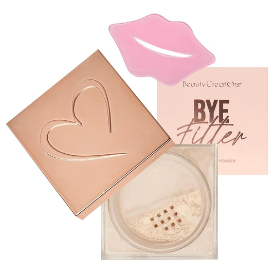 Beauty Creations Loose Setting Powder BYE Filler Translucent Loose Setting Powder Minimizes Pores and Fine Lines Matte Finish Natural Face Makeup & Pink Collagen Lip Mask