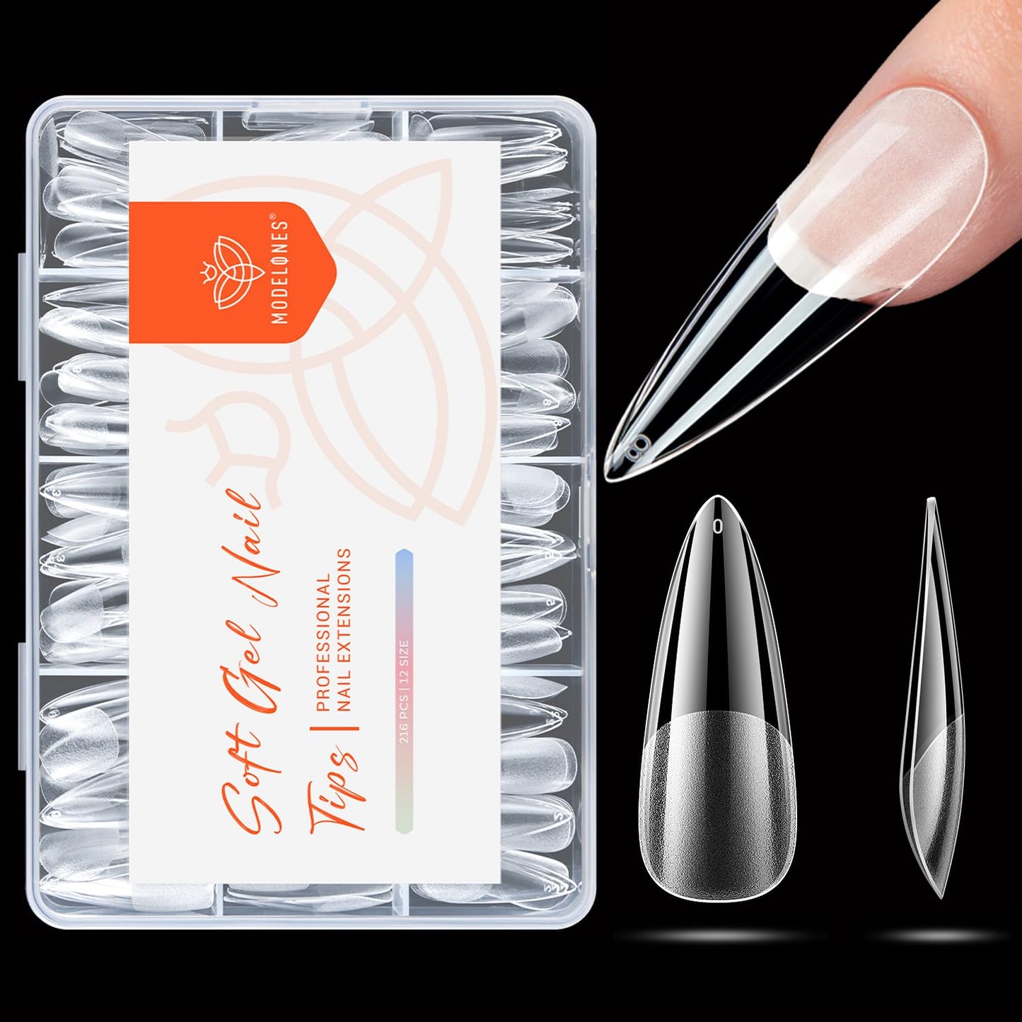 modelones Long Stiletto Nail Tips, Pre-shaped Soft Gel Tips Fake Nails False Acrylic Clear Full Cover Press on Extension Kit Gel Manicure DIY at Home 216PCS 12Sizes