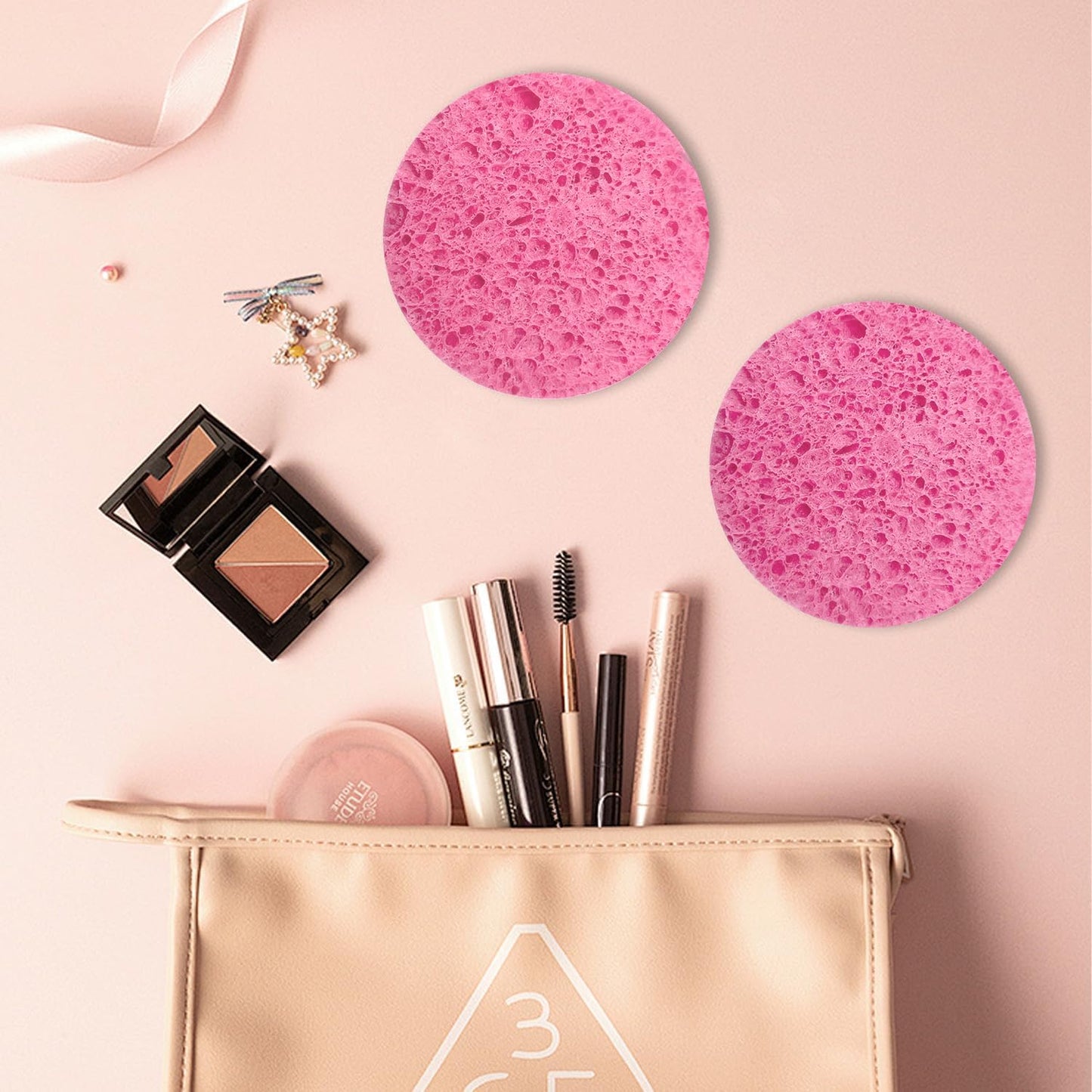 50-Count Facial Sponges, Compressed Natural Cellulose, Pink, Round Shape, Face Cleansing, Exfoliating, Makeup Removal