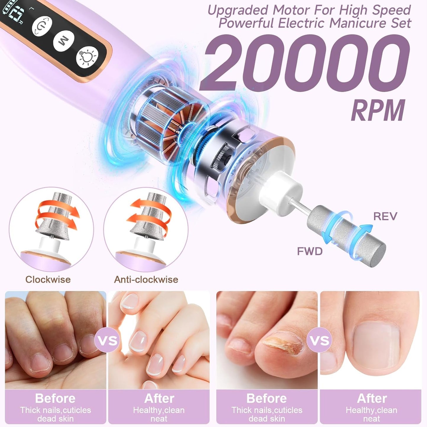 Professional Manicure Pedicure Kit with 360° LED Light&10 Speeds&Memory Mode with Case, Cordless Electric Nail Drill, Pedicure Tools for feet,Hand Foot Care Nail File for Thick Nail Toenail Cuticle
