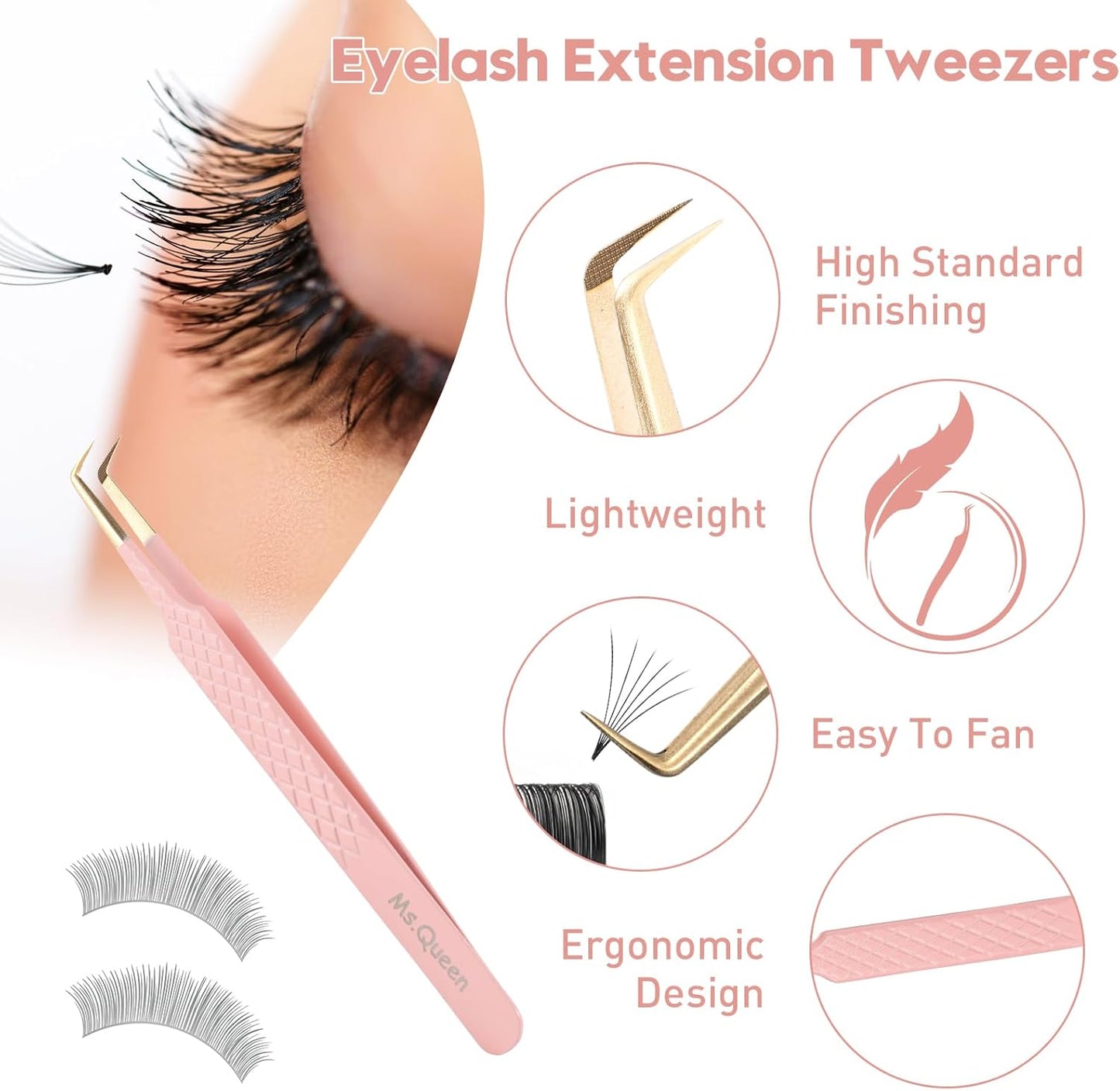 Ms.Queen Lash Tweezers For Eyelash Extensions,5Pcs Professional Fiber Tip Grip Curved 45 90 Degree Boot Volume Tweezers Set