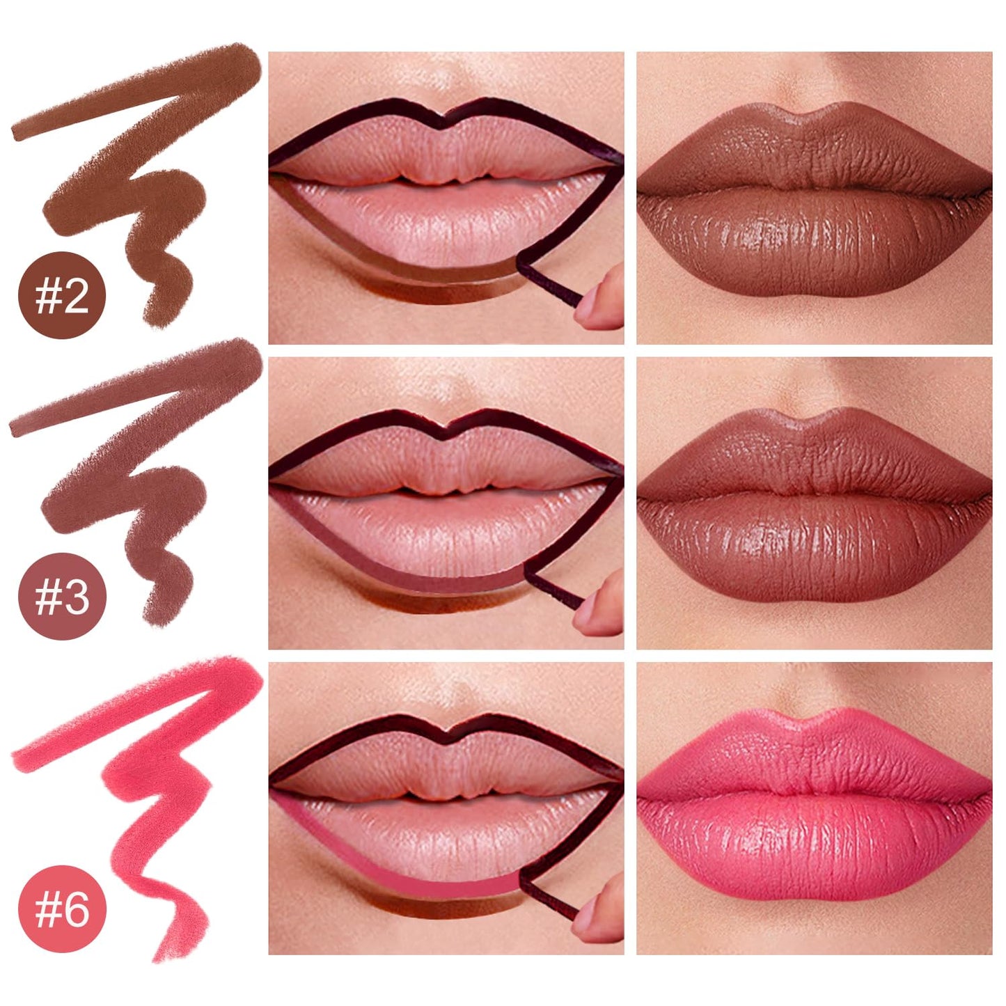 3 Colors Peel Off Lip Liner Stain Kit, Long Lasting Waterproof Lip Tint Stains Makeup Set with Matte Finish for Women, Natural Look, Easy to Use, for All Skin Types, Tweezer Include (#2,3,6)