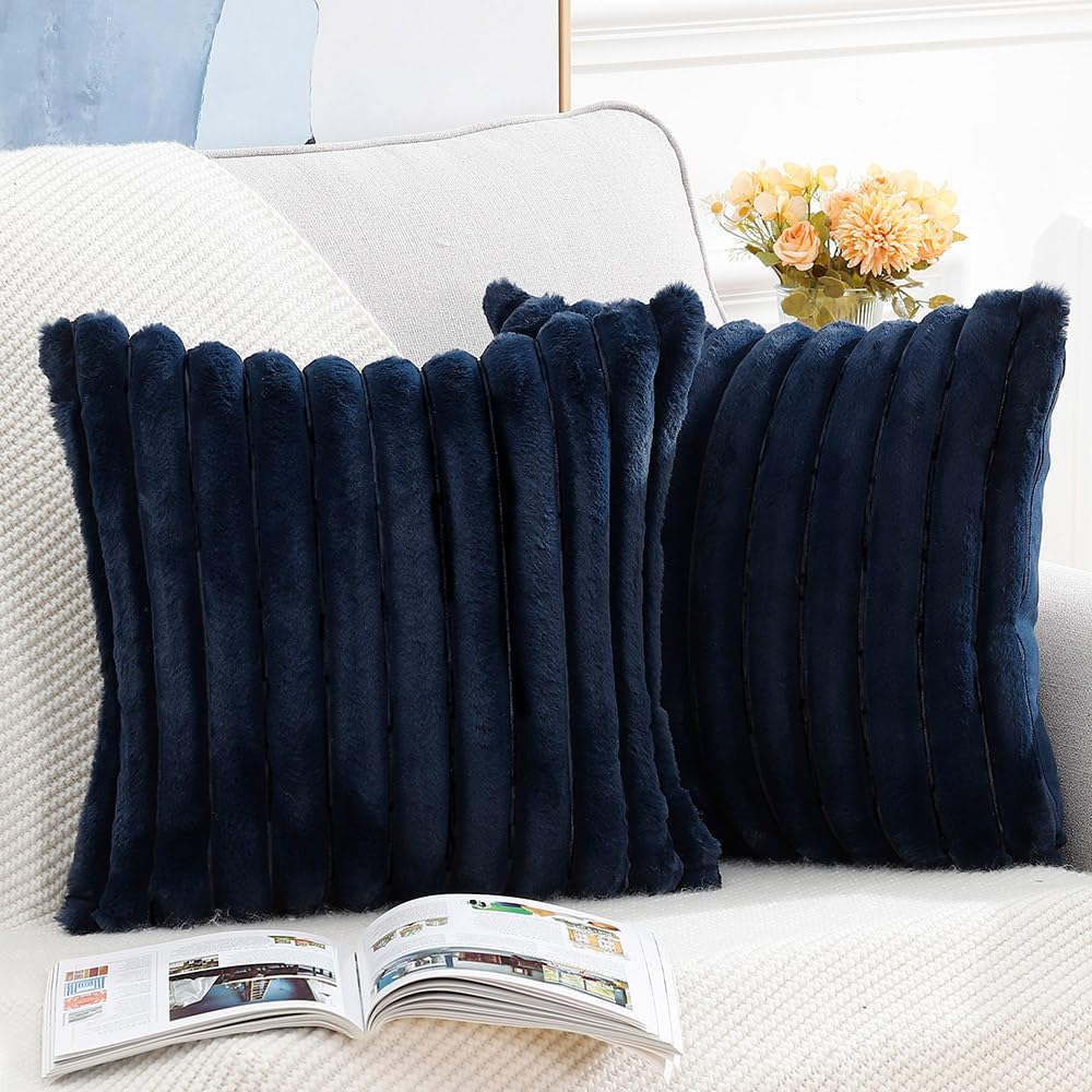 MADIZZ Set of 2 Faux Wool Plush Decorative Throw Pillow Covers 22x22 Inch Dark Blue Fluffy Striped Soft Decorative Cushion Cover for Sofa Bedroom Pillow Shell