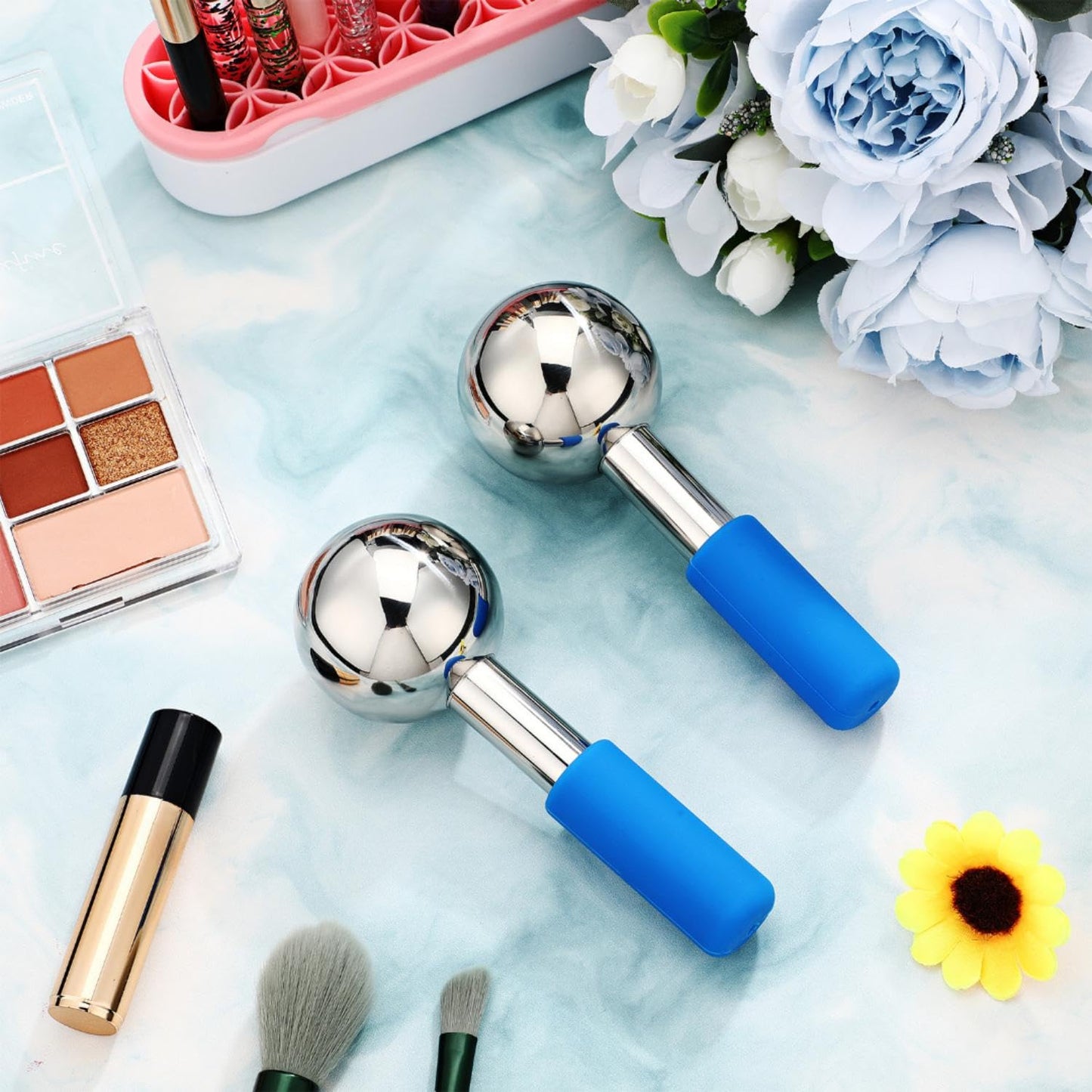 Baderke 2 Pcs Ice Globes for Face Stainless Steel Cooling Globes Unbreakable Cooling Roller Women Ice Balls Cryo Sticks Face Skin Care for Dark Circles, Puffiness(Silver (blue Handle))