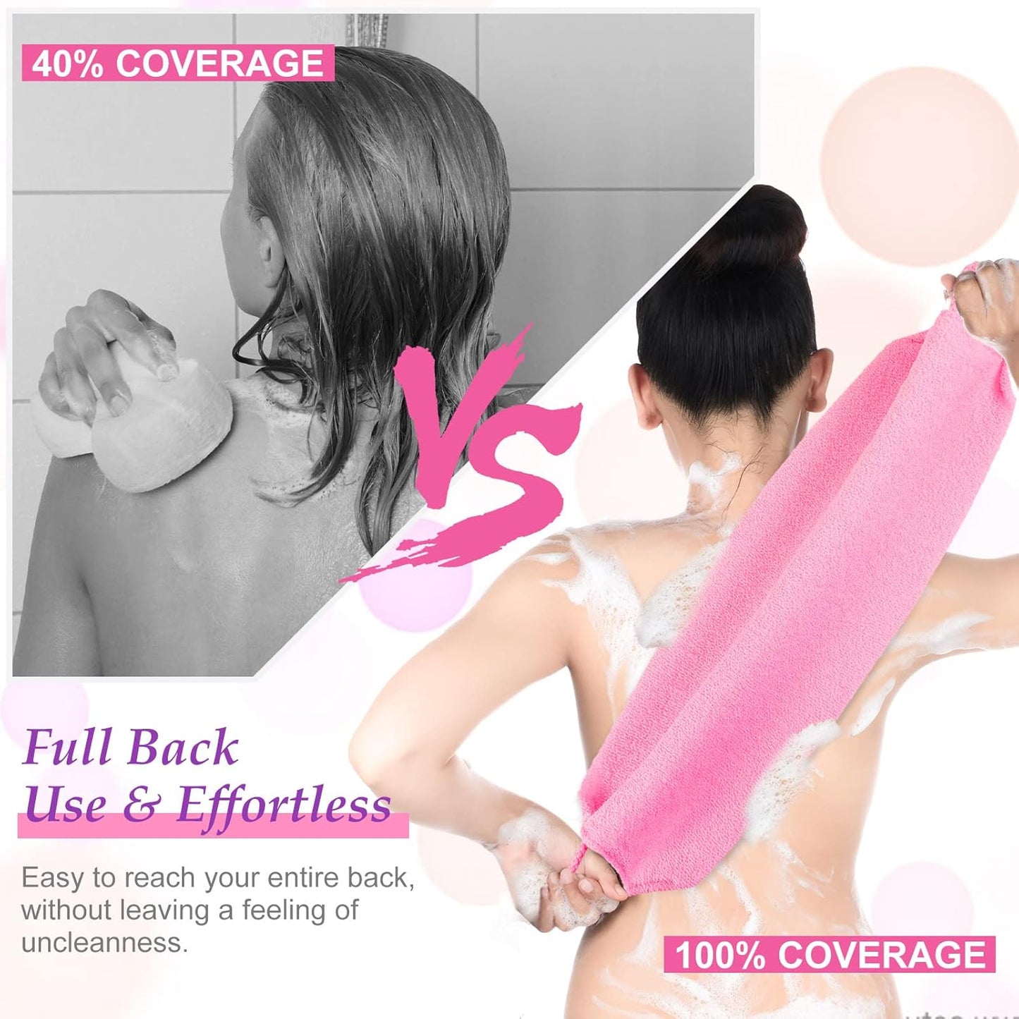 Moukeren Exfoliating Back Scrubber with Handles 4 Pack Nylon Back Exfoliator Extended Length Washers Scrubbers Stretchable Pull Strap Exfoliating Washcloth(Dark Blue, Gray, Beige, Pink)