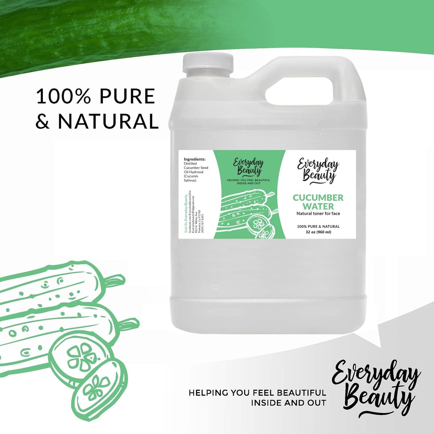 Cucumber Hydrosol Bulk - 32 oz All Natural Hydrating Spray Mist for Face and Hair - 100% All Natural Cucumber Water