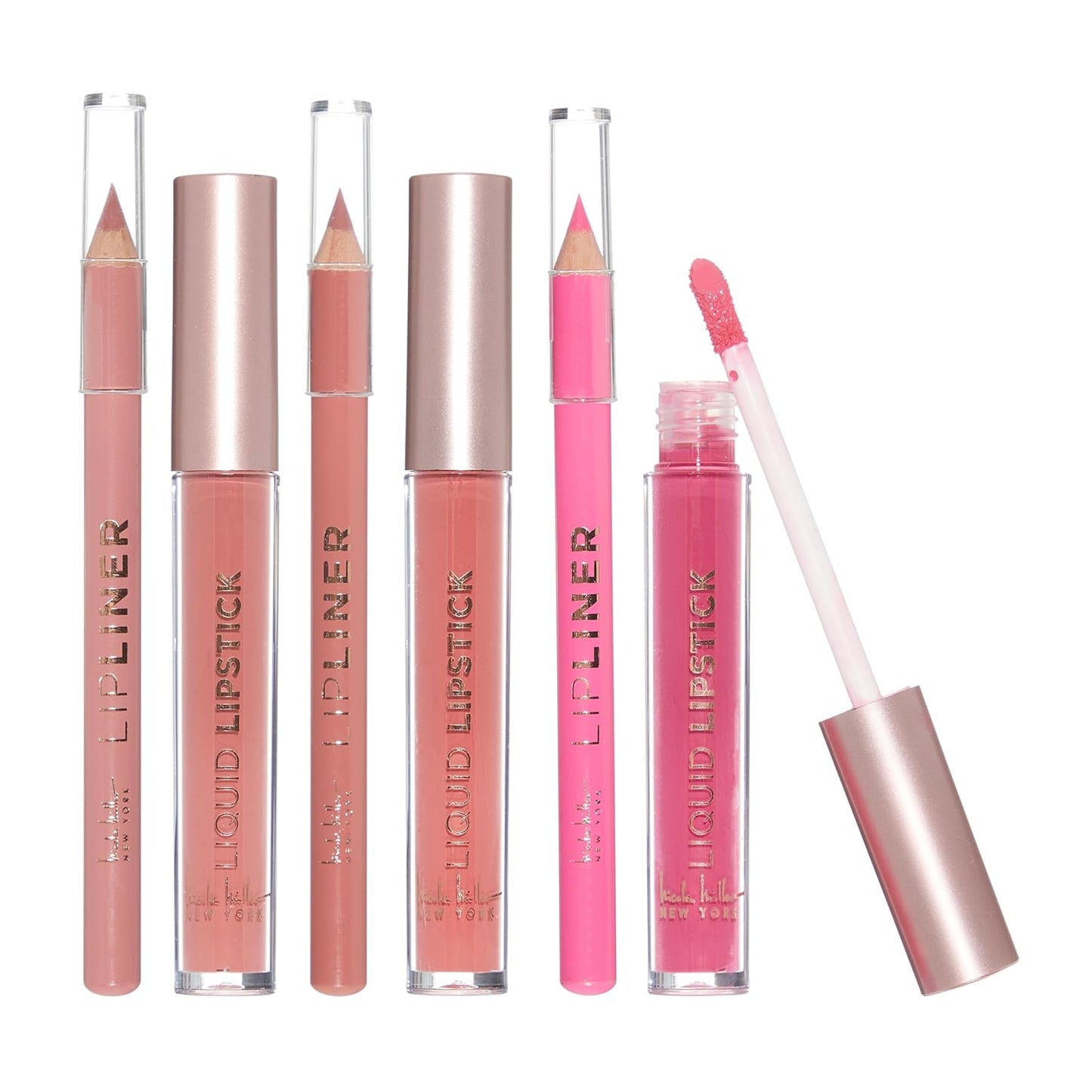 Nicole Miller Rosy Nudes Lip Collection | 6 Piece Set | 3 Luxurious Lip Liners & 3 Liquid Lip Sticks in Light Rose, Rosy Mauve, and Deep Peach