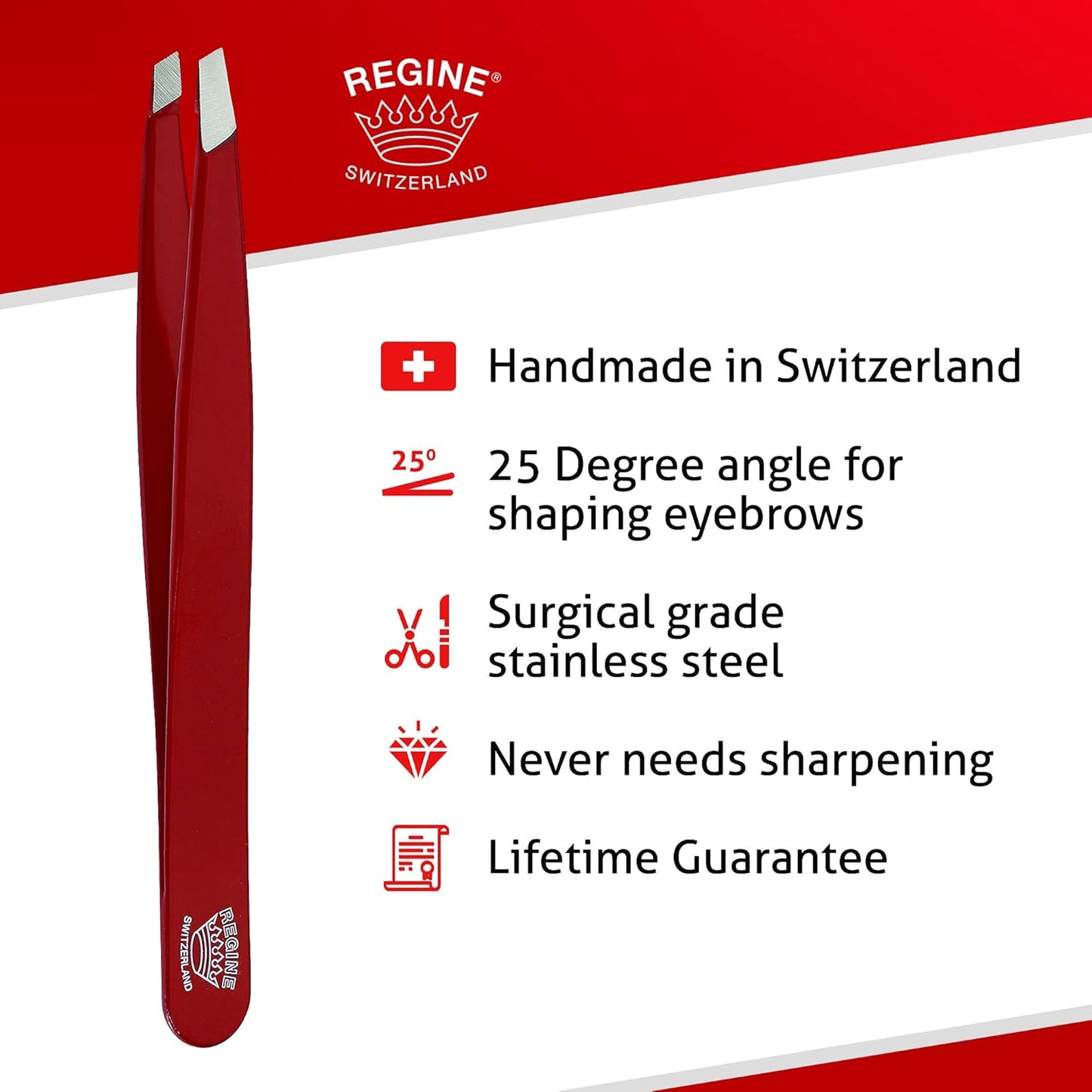 Slant Tweezer - Handmade in Switzerland - Professional Eyebrow & Facial Hair Remover - Etched Interior Grabs Hair from The Root - Perfectly Aligned Tips - Stainless Steel, Red