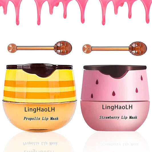 2PCS Bee Lip Balm,Hydrating Honey Pot Lip Balm with Stick,Non-Greasy Silky Sleeping Lip Mask Set,Long Lasting Lip Scrubs Moisturizer for Dry Cracked Lips（Honey ＋Strawberry）