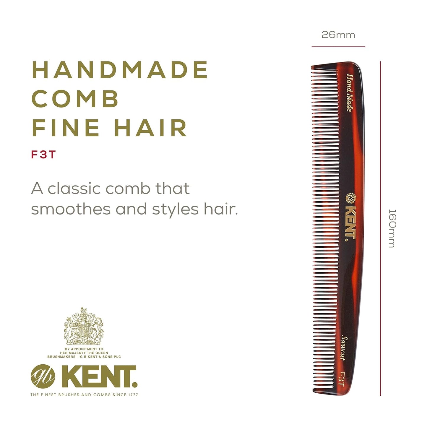 Kent F3T Black Graphite Fine Tooth Comb - Hair Parting and Straightening Comb for Men's & Women's Dandruff Remover, Saw Cut and Hand Polished Made in England