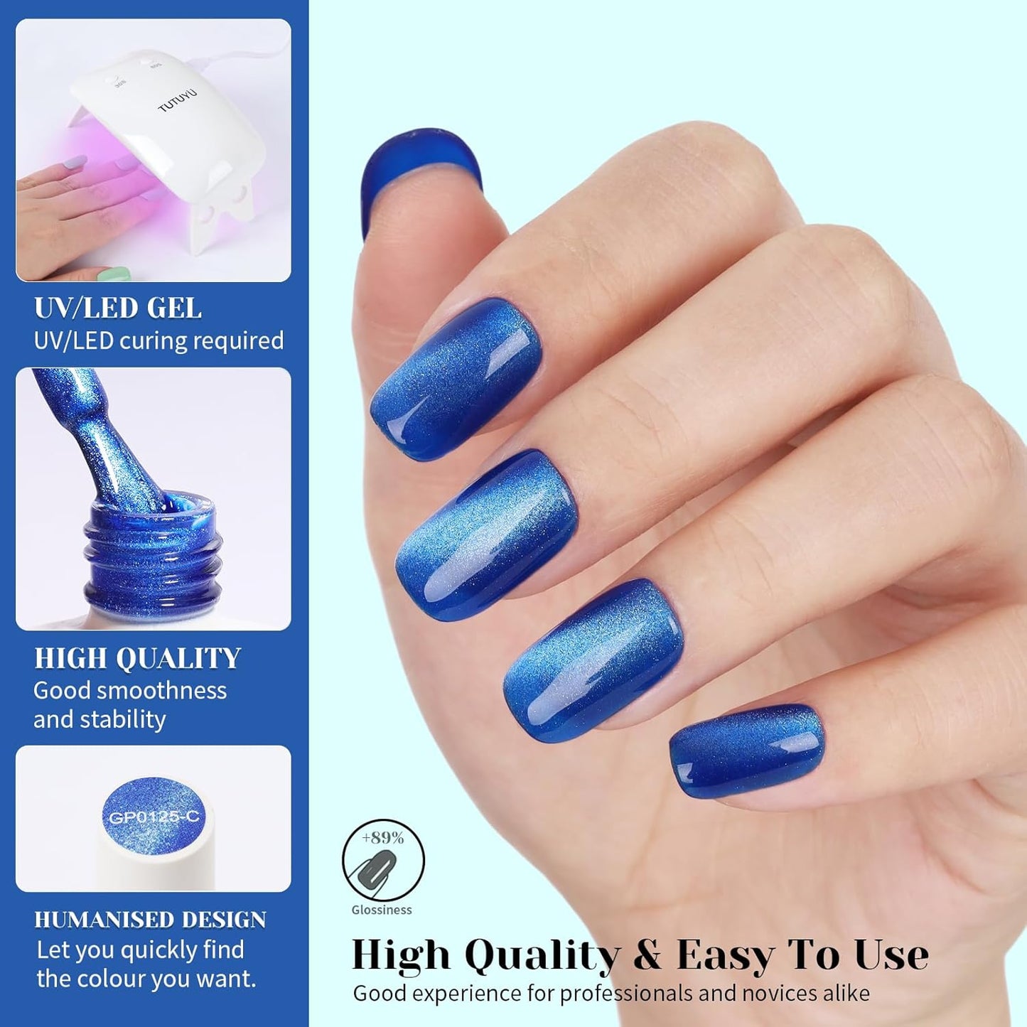 Blue Cat Eye Gel Nail Polish, LED UV Nail Lamp Needed Navy Blue Cateye Gel Polis Color for Summer Spring Winter, Perfect for DIY at Home & Ideal Gift for Nail Art Lovers!