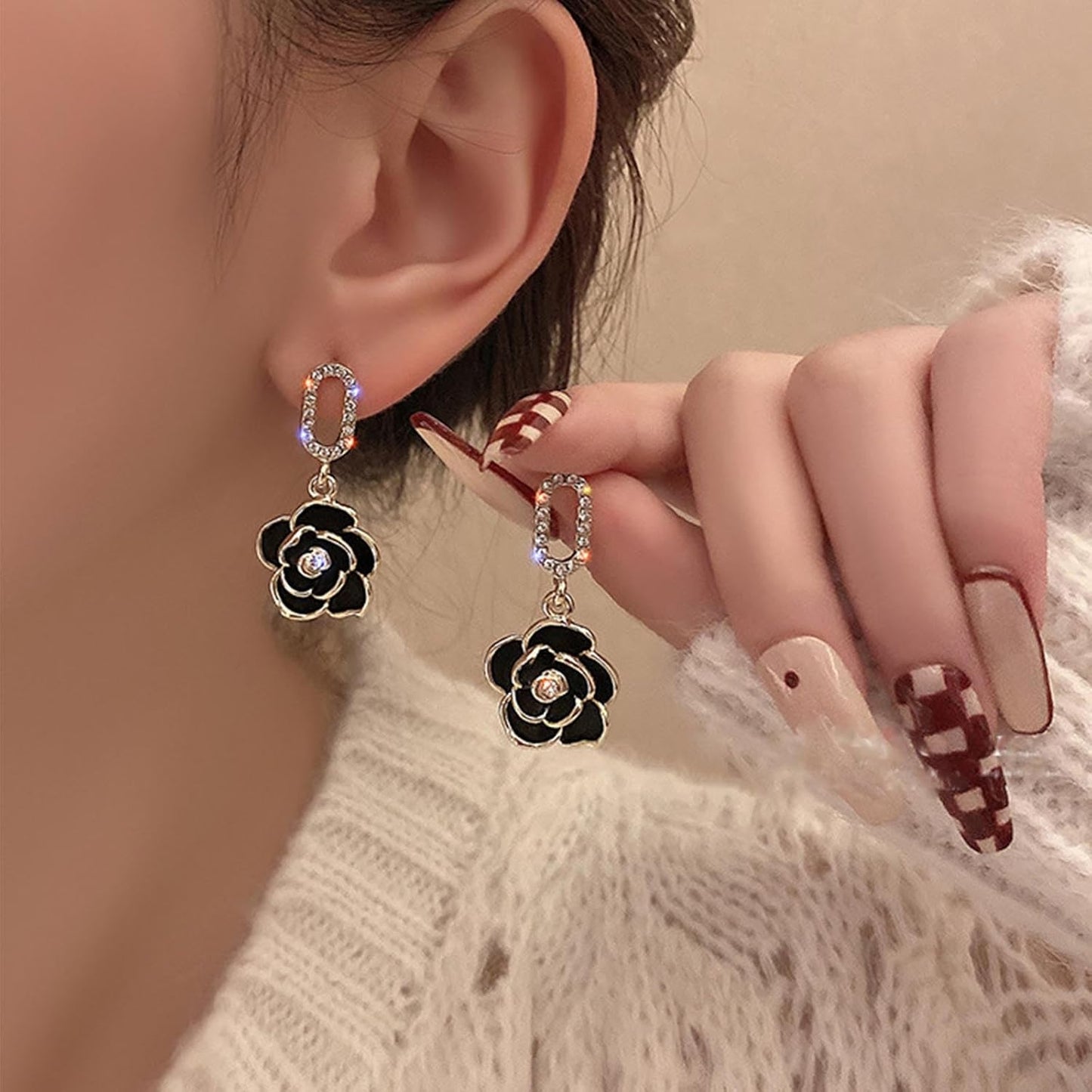 Vintage Black Crystal Flower Drop Earrings Black Flower Earrings Pearl Camellia Earrings Black Camellia Stud Earrings Jewelry for Women