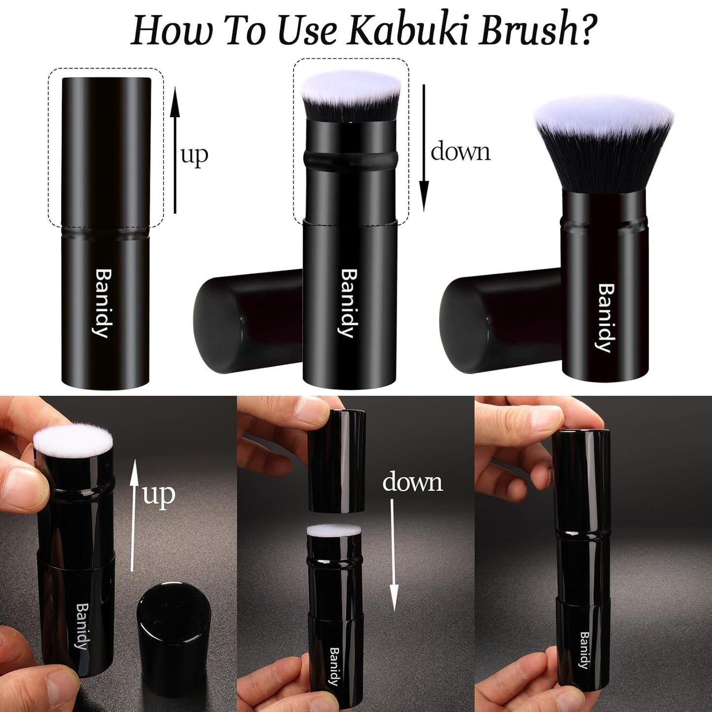 Makeup Brush Kabuki Face Brushes Retractable Travel Blush Brush Portable Flawless for Foundation, Powder Blush, Bronzer, Buffing, Liquid, Cream, Cruelty Free with Cover(Flat-Head)