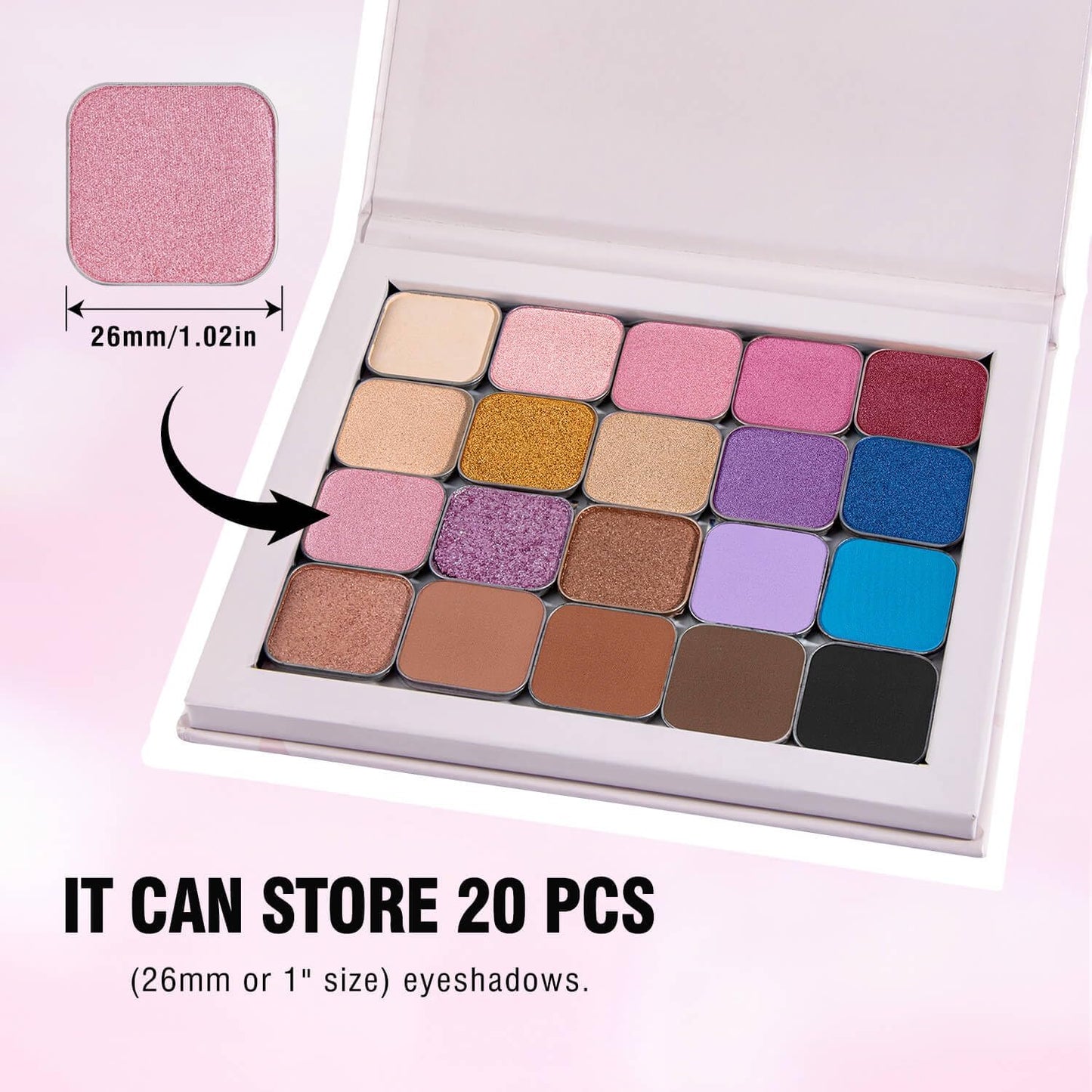 Magnetic Empty Makeup Palette with Mirror – Customizable Refillable Case for Eyeshadow, Blush, Lipstick, Highlighter – Lightweight, Waterproof, with Spatula & 20 Metal Stickers (Pink, Medium)