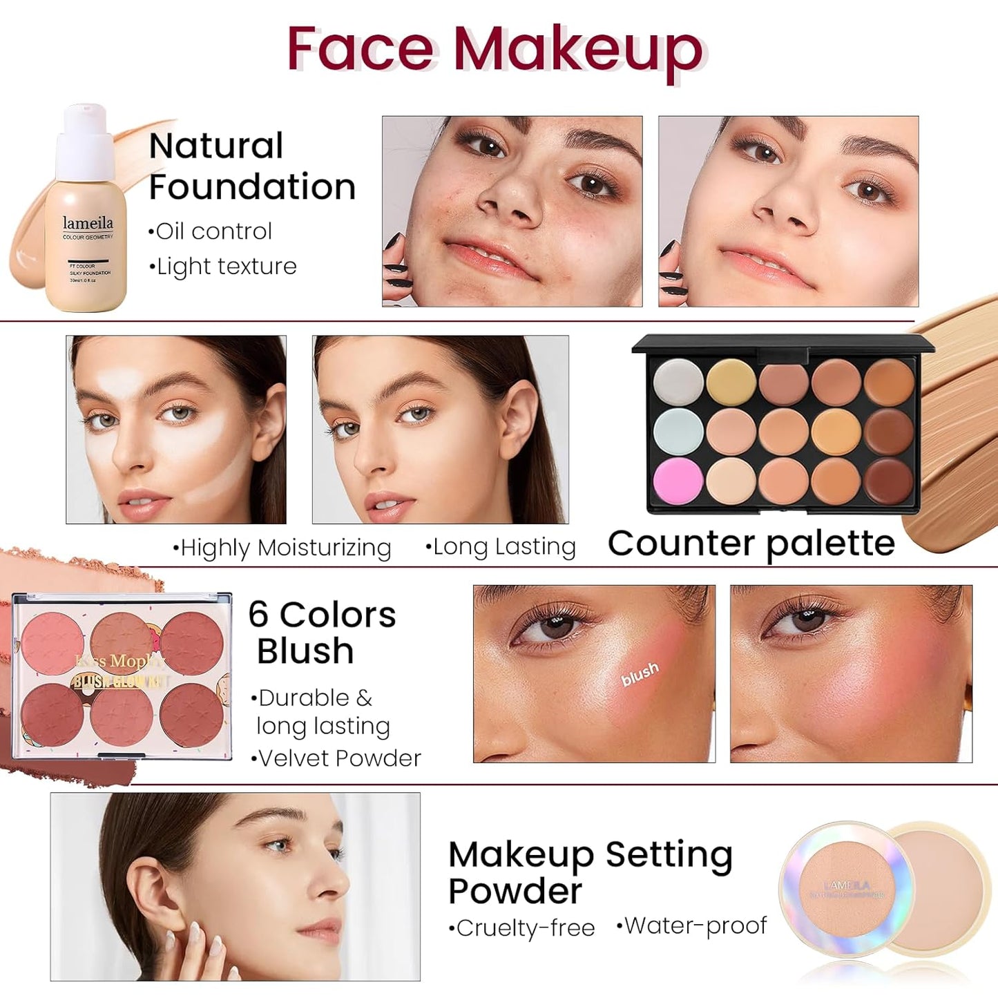 Makeup Kit for Women Full Kit, Travel Makeup Kit, Makeup Gift Set for Teens Girls Beginners Professionals, Makeup Bundle Include 2 Matte & Glitter Eyeshadow Palettes, Lip Gloss Set