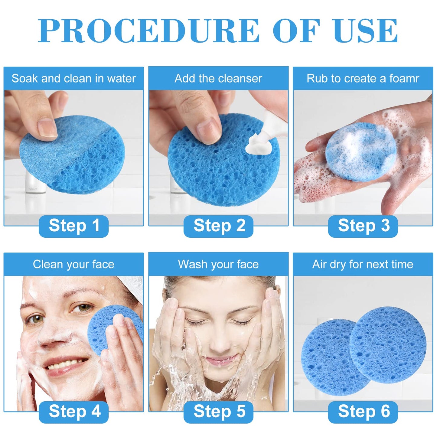 100-Count Facial Sponges Compressed Natural Cellulose Sponge Round Shape Face Sponge for Face Cleansing Exfoliating and Makeup Removal, Blue