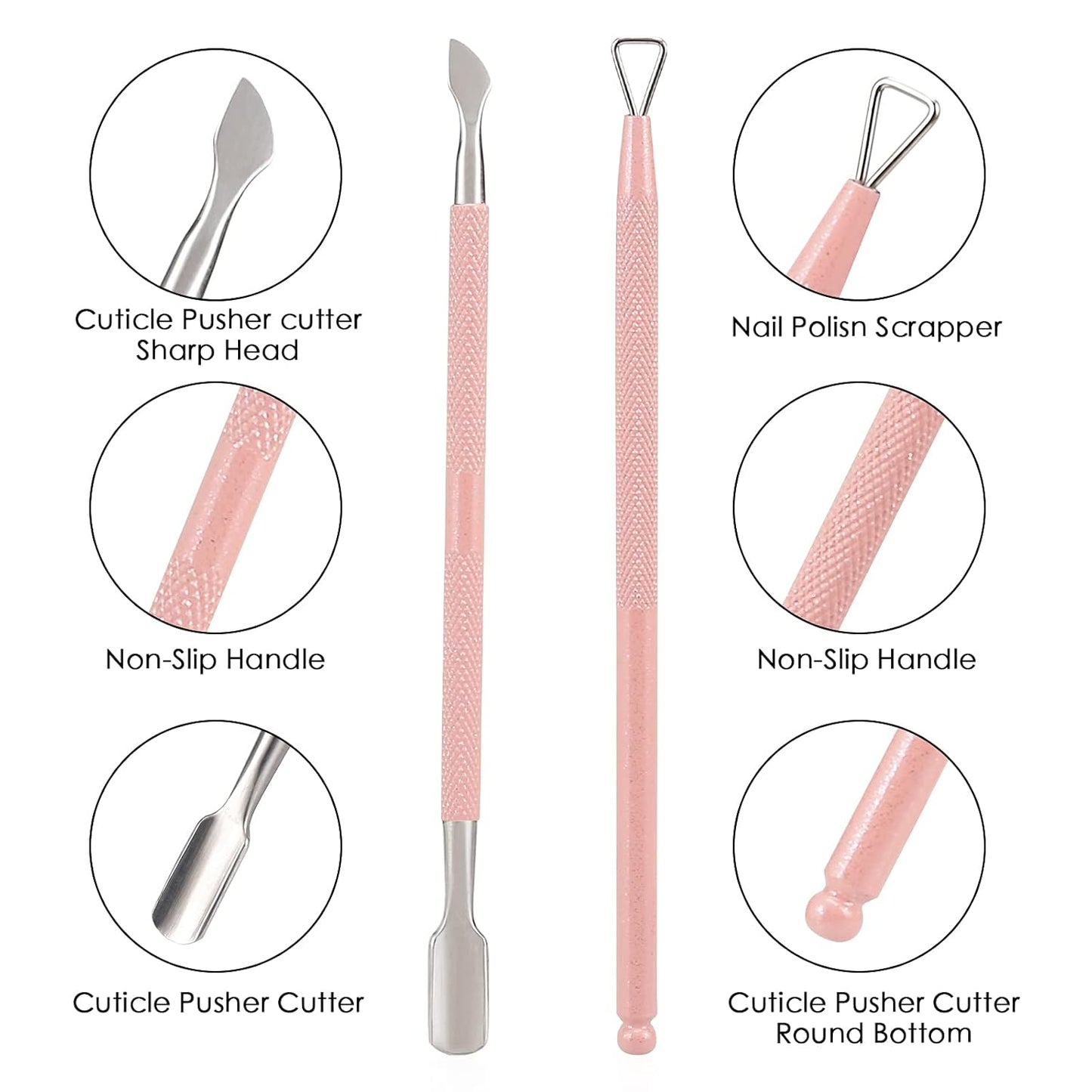 YINYIN Professional Stainless Steel Cuticle Trimmer with Pusher and Cutter - Durable Pedicure Manicure Tools for Fingernails and Toenails (Pink)