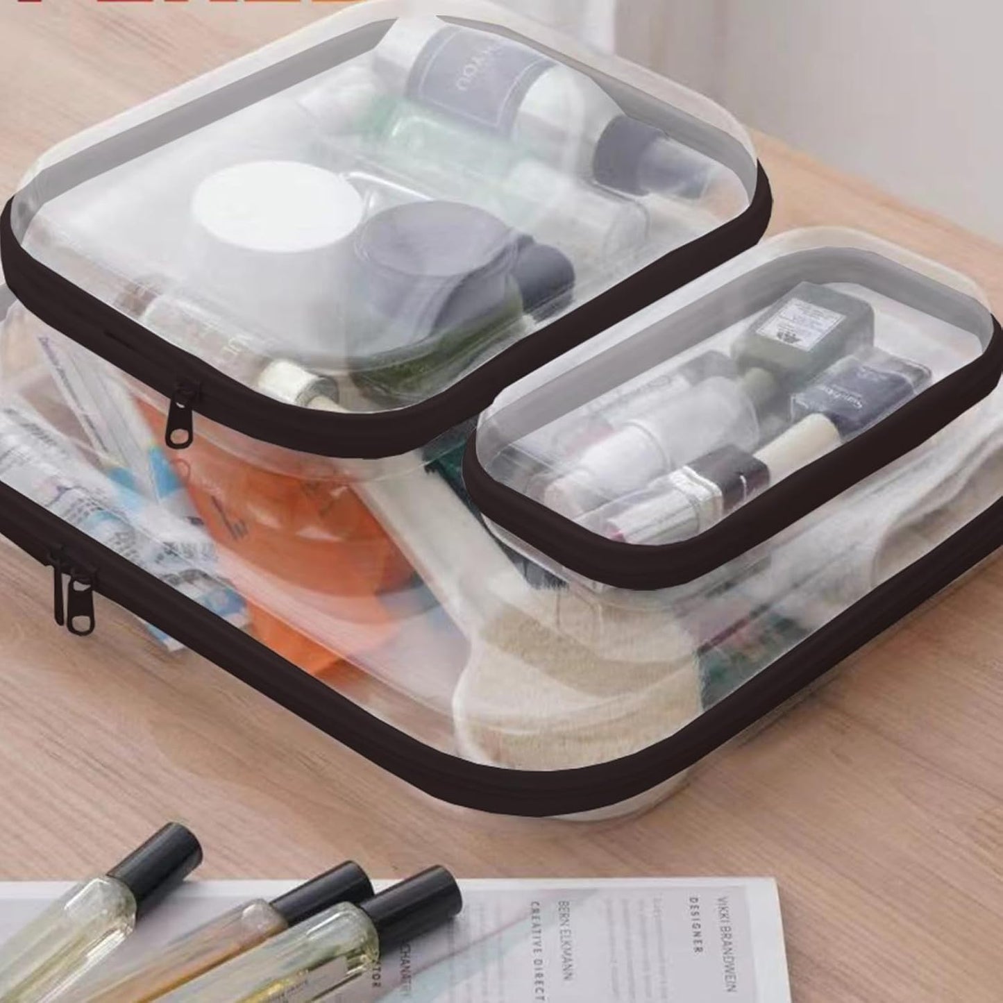 【6-Pack】 Clear Hard Shell Zipper Case Set | Durable Travel Pouches for Toiletries, Makeup Storage Organizer, Toy Storage Box | Transparent Cosmetic Bags with Zipper for Organization (Black)