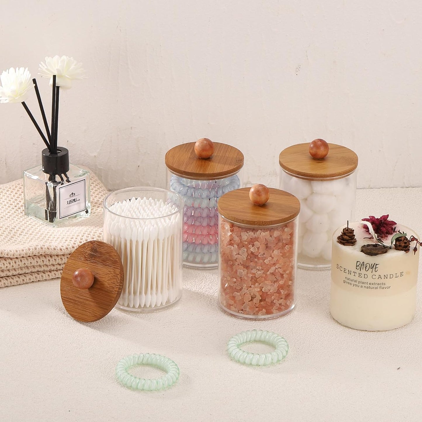 Tbestmax 4 Pack Qtip Holder Dispenser, Plastic Bathroom Organizer and Storage Containers, 10oz Apothecary Jars with Brown Bamboo Lid for Cotton Ball, Cotton Swab, Floss