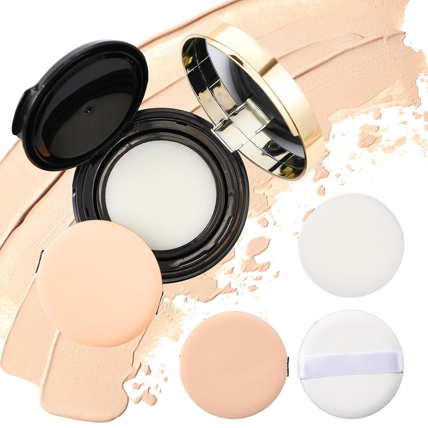 Patelai 7 Pcs 0.5oz Empty Luxurious Air Cushion Puff Box with Sponge Puff and Mirror, Portable Make-up Powder Container Case with Extra Sponges and Puffs, Refillable Foundation Bb Cream Box (Black)