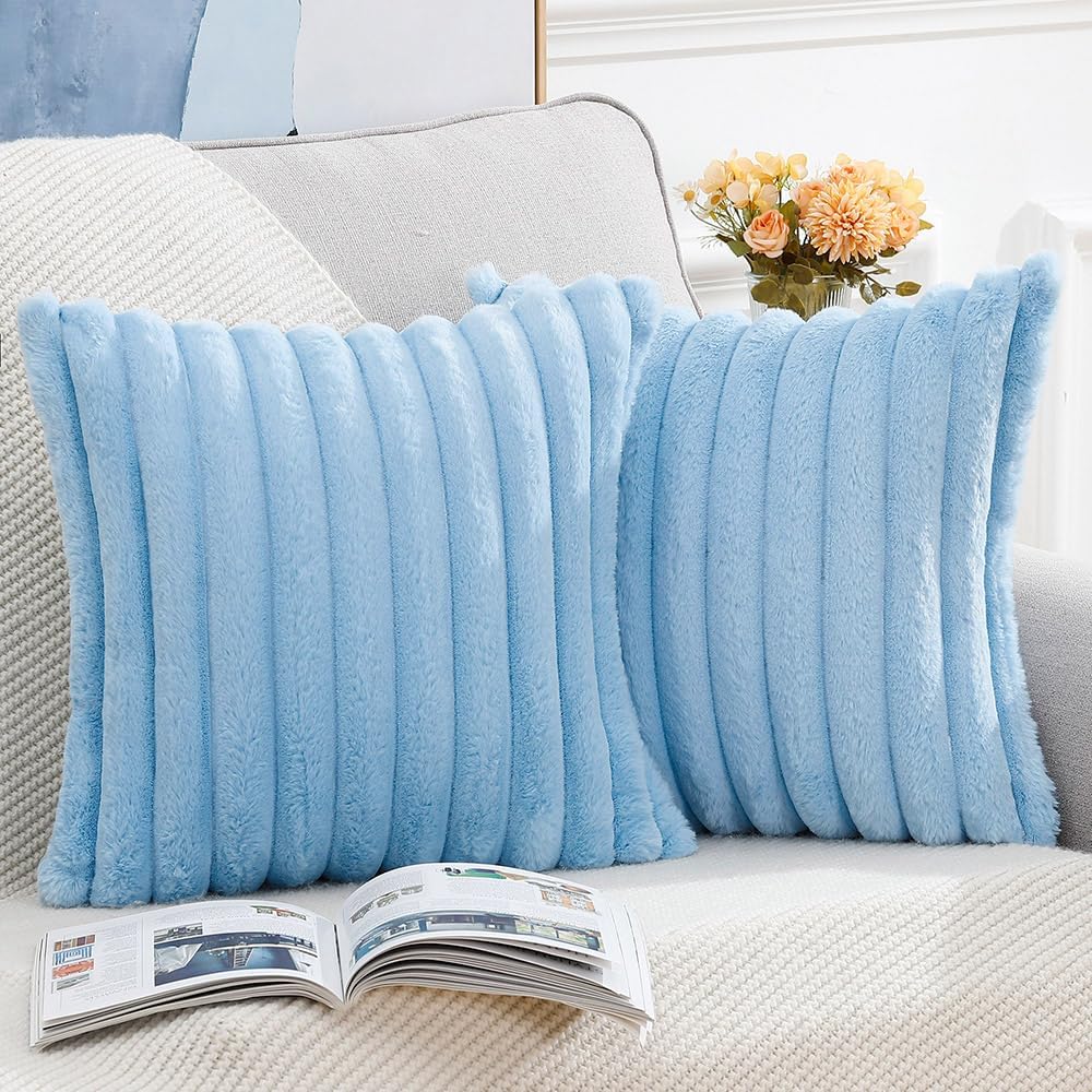 MADIZZ Set of 2 Faux Wool Plush Decorative Throw Pillow Covers 18x18 Inch Light Blue Fluffy Striped Soft Decorative Cushion Cover for Sofa Bedroom Pillow Shell