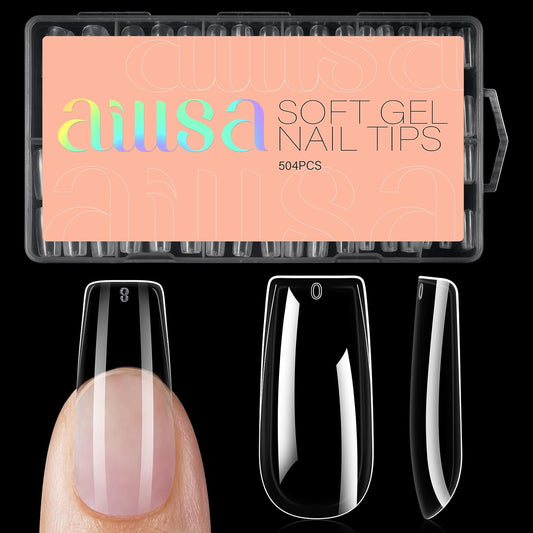 AILLSA Medium Square Nails Tips 504PCS Clear Gel Nail Tips False Full Cover Soft Nails Tip for DIY Home Salon Gift, Pre-shaped Gelly Press On Fake Nail Tip for Nail Extension (10sizes)
