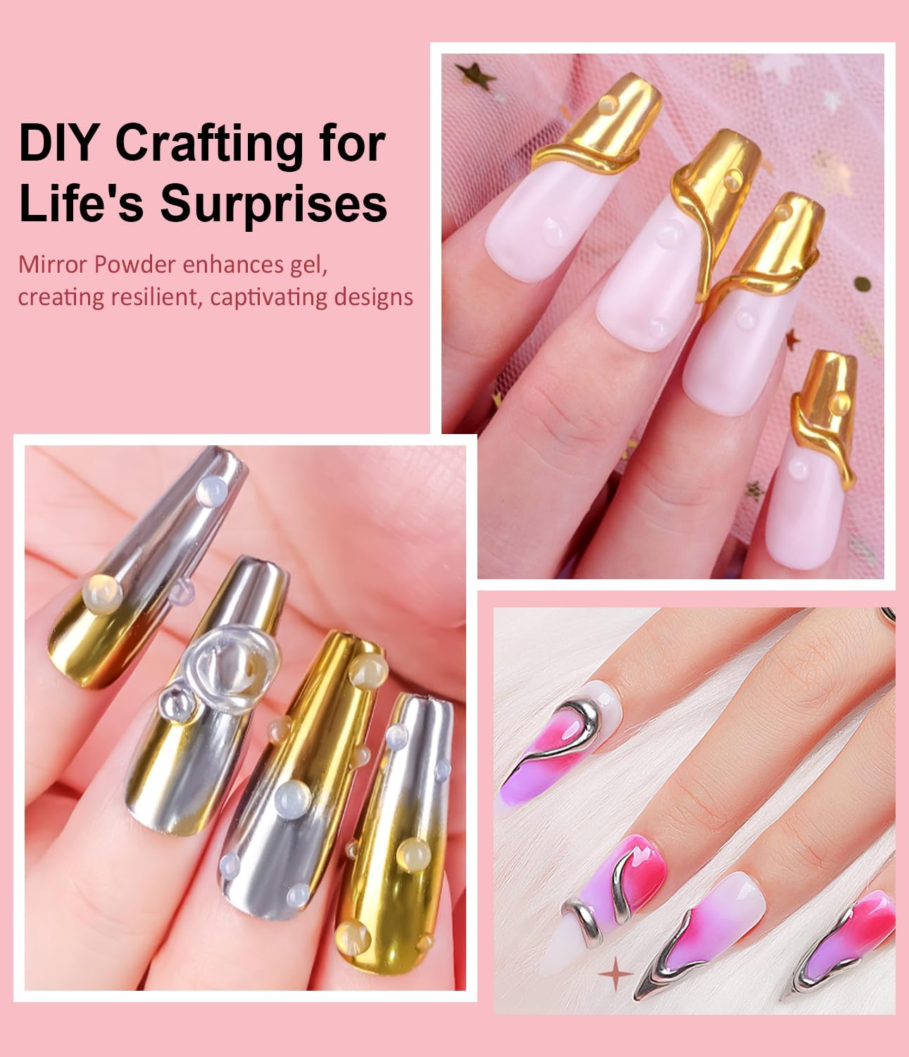 3D Nail Gel Art BISHENGYF - Rose Gold Chrome Nail Powder 15g 3D Nail Gel with Laser White Nail Powder Non-Sticky Clear 3D Sculpting for Art Home DIY