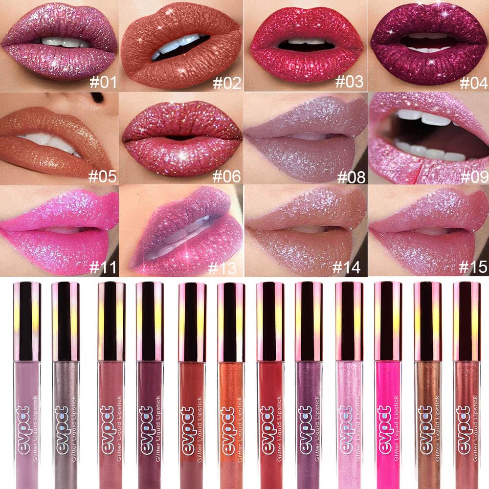 evpct 1Pcs Mauve Red Matte to Glitter Liquid Lipstick Lip Set Kit, Long Lasting Matte Diamond Glitter Lipstick Waterproof, Colorful Sparkly Glossy Metallic Shimmer Sparkle Lip Gloss for Women 02#