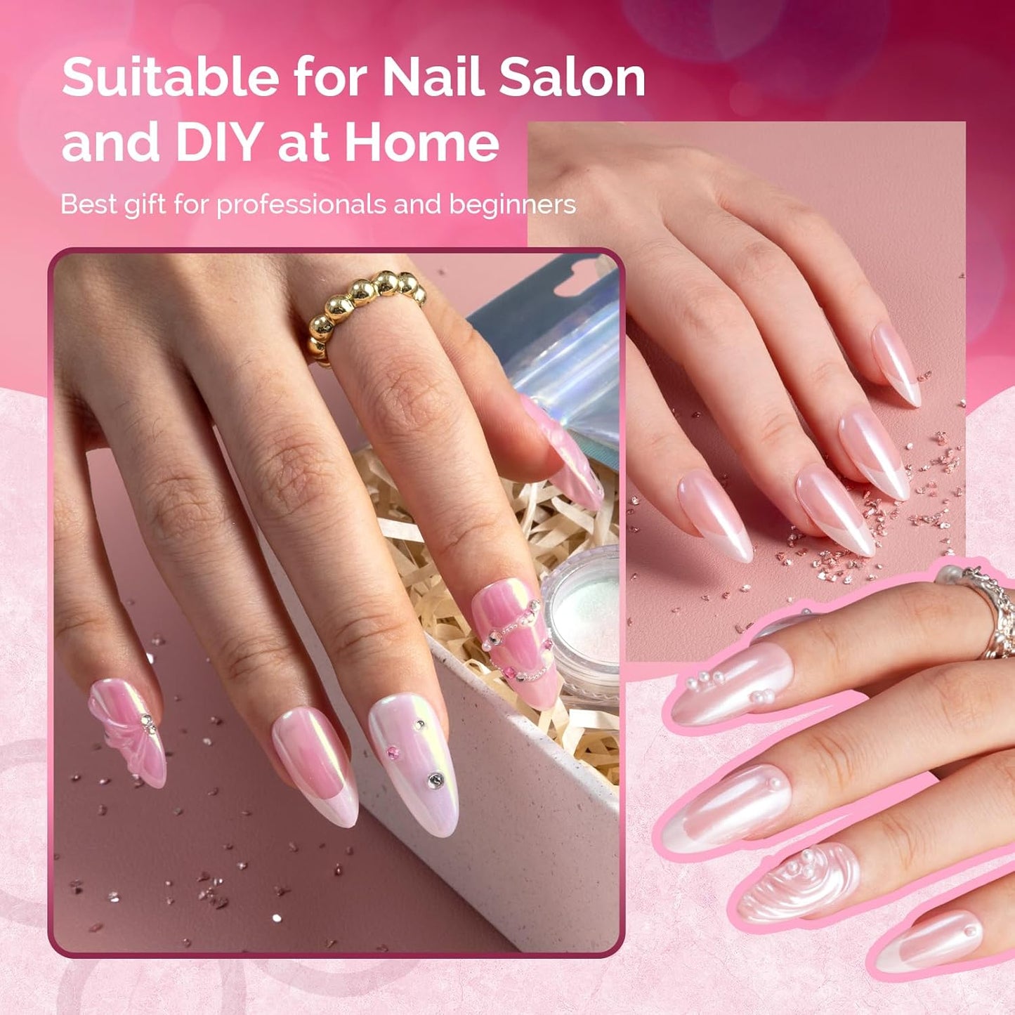 MelodySusie 2Pcs Chrome Nail Powder for Gel Nails, Pearl and Aurora Powder Mirror Effect Pigment Pearlescent Mermaid Pigment Pearl Glitter for Home DIY Salon Use