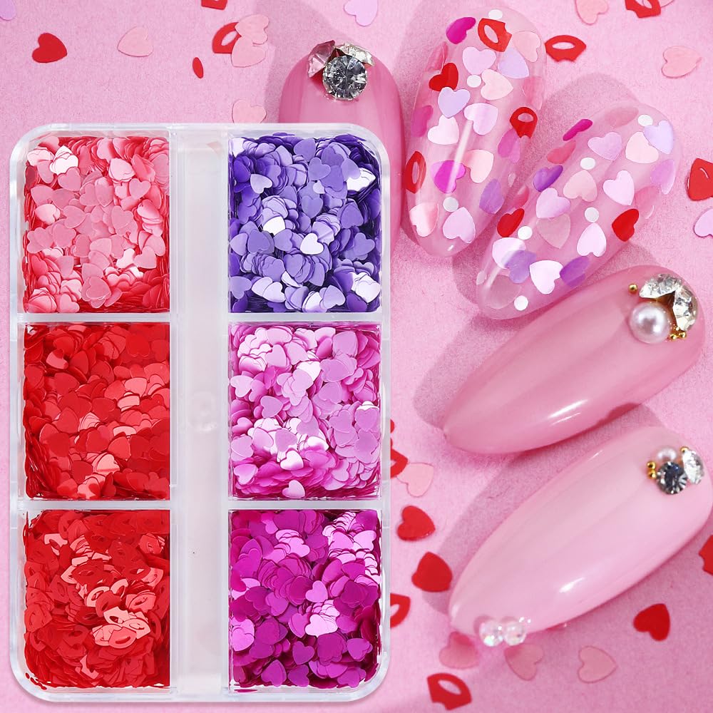 12 Grids Valentine’s Day Nail Art Glitter Sequins 3D Laser Red Pink Heart Glitters Nail Decals，Holographic Love Heart Nail Art Supplies for Women Manicure Charms Decorations Body Makeup Sets
