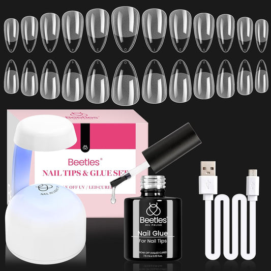 Beetles Gel Nail Kit Amond Shape - 504Pcs Gel Nail Kit Easy Nail Extension Set Etch X Nail Tips Short Medium Almond Half Matte Nail Tips 9 in 1 Nail Glue Uv Led Nail Gift for Women