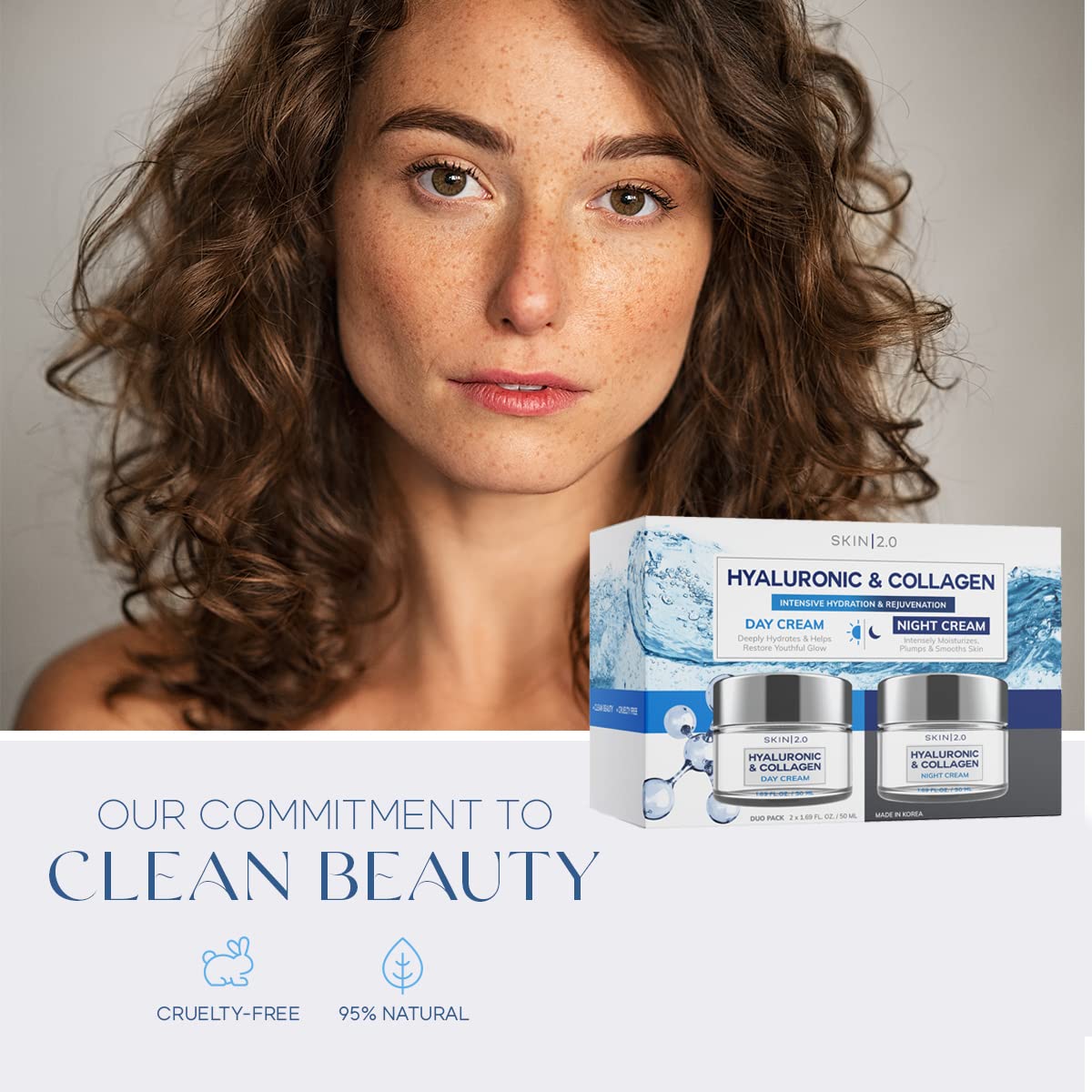 Hyaluronic Acid & Collagen Day & Night Face Moisturizer - Dermatologist Tested, Hydrating, Anti-Aging, Clean Beauty, Cruelty-Free, Korean Skincare for All Skin Types - 1.69 Fl oz (2-Pack)