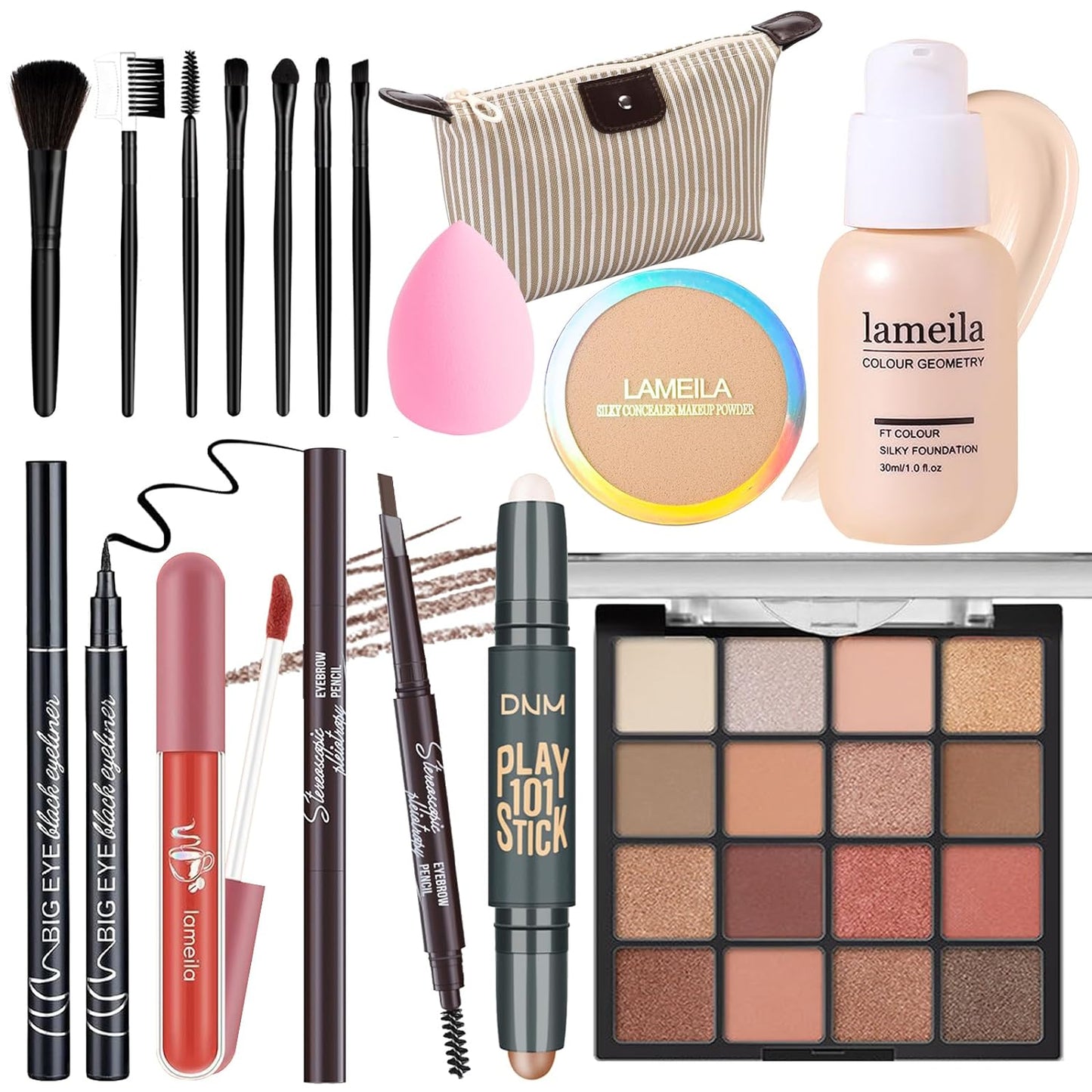 Makeup Set Full Kit for Girls Teens Women, Makeup Present Set, Includes Eyeshadow, Foundation, counter stick, Powder, Eyebrow Pencil, Eyeliner, Brushes, Lip Gloss, Sponge, Cosmetic Bag