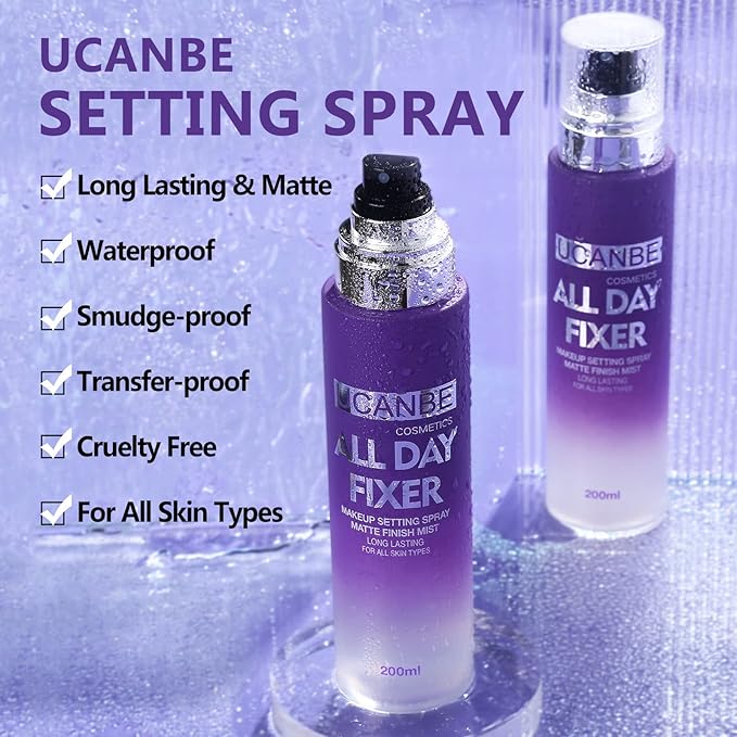Long Lasting Makeup Setting Spray Kit- 6.76 Fl oz Hydrating Matte Finish Mist Lightweight Face Make up Fixer +Travel Size Spray Bottle+Sponge Puff Makeup Set