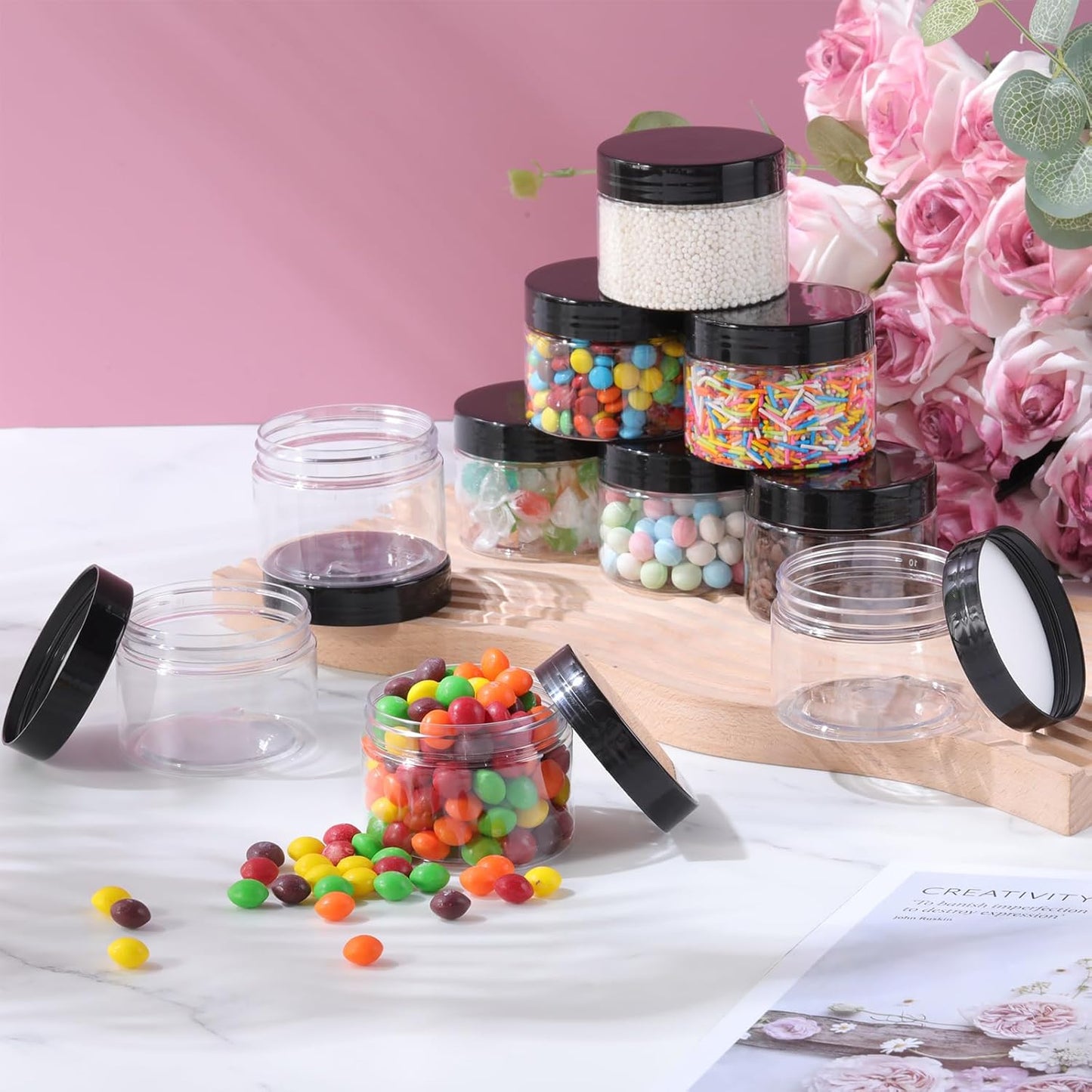 SATINIOR 36 Pieces 4 oz Plastic Jars with Lids Wide Mouth Airtight Reusable Container Acrylic Cosmetic Small Jars for Lotions Ointments Travel Toiletries Creams Make up Storage(Black)