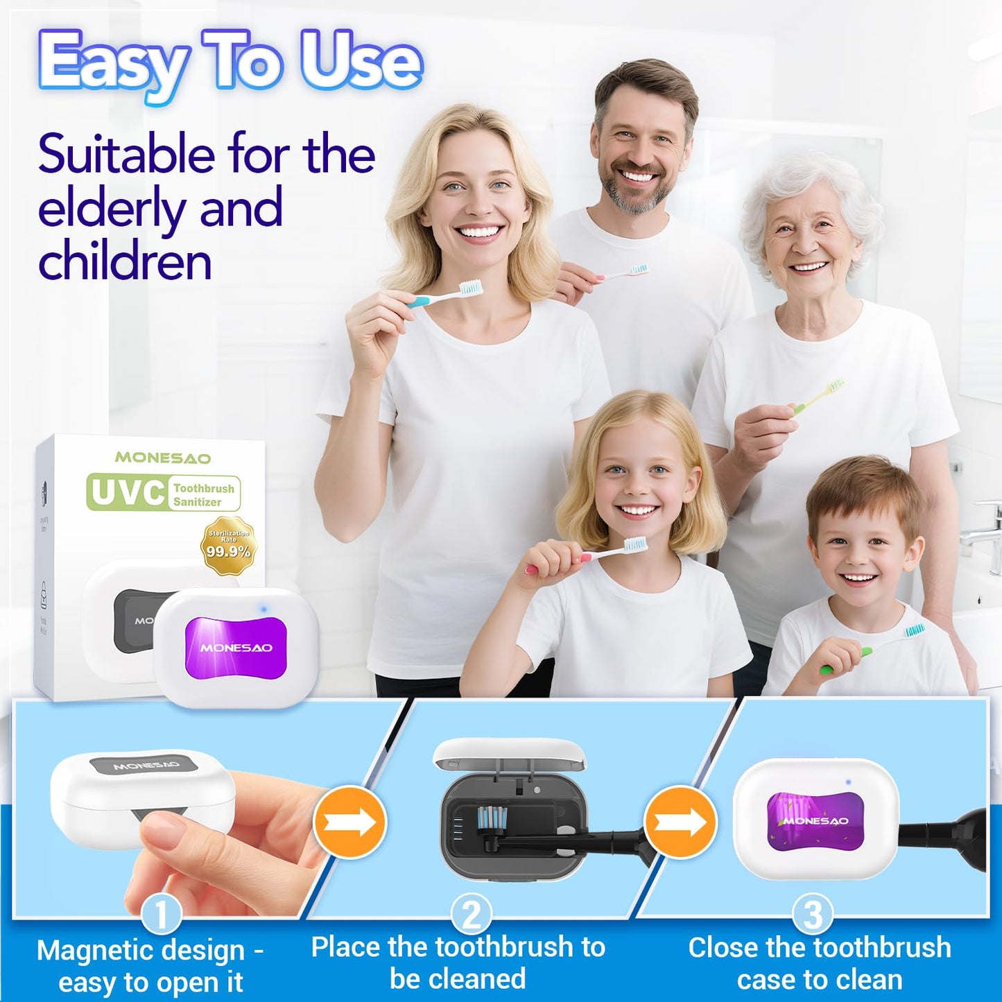 MONESAO Toothbrush Sanitizer Case, Portable Mini Toothbrush Covers with Holder, Rechargeable Travel Home Toothbrush And Holder, Cleaner Case for All Electric & Manual Toothbrushes (White)