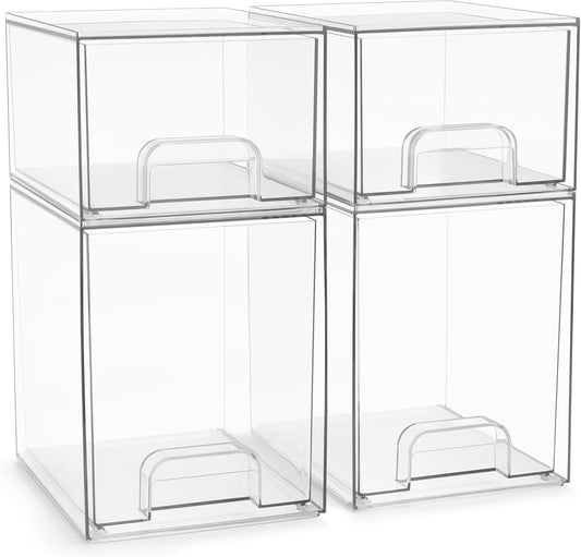 Sorbus Acrylic Storage Containers - 4 Pack, Stackable Storage Bins Set for Bathroom Organization - Clear Acrylic Drawer Organizers - Makeup Case Pull-Out Drawers (7.6’’ and 4.4’’ Tall)