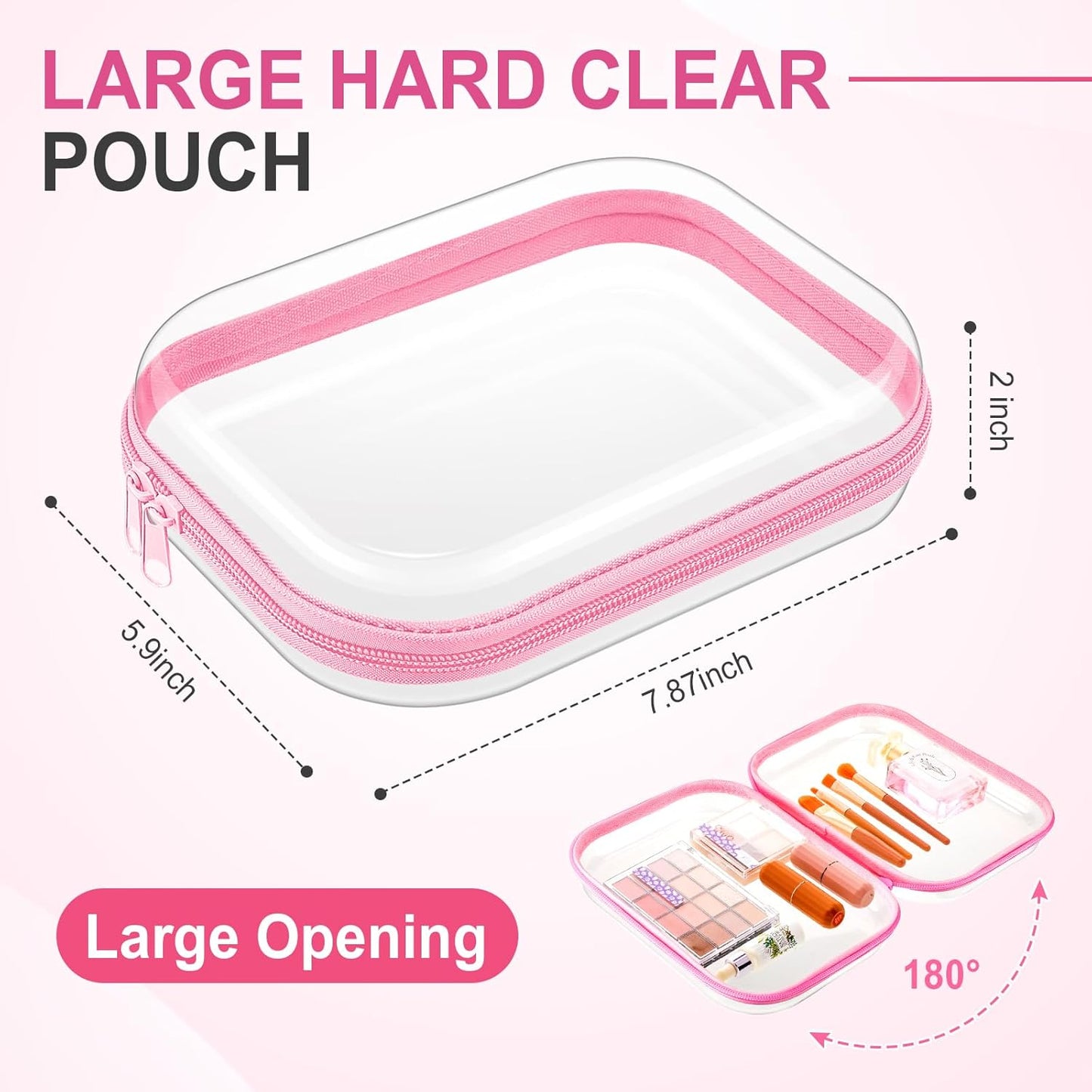 Sanwuta 6 Pcs Clear Hard Zipper Case Pencil Pouches Hard Plastic Zipper Pouches Makeup Bag Transparent Cases for Snacks Plastic Storage Organizer Box for Travel(Pink,7.87 x 5.9 x 2 Inch)