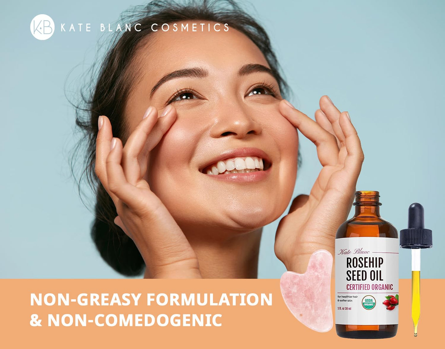 Kate Blanc Cosmetics Rosehip Oil for Face with Pink Gua Sha Stone (1oz, Organic, Pure, Cold Pressed) Rosehip Seed Face Oil for Gua Sha Massage