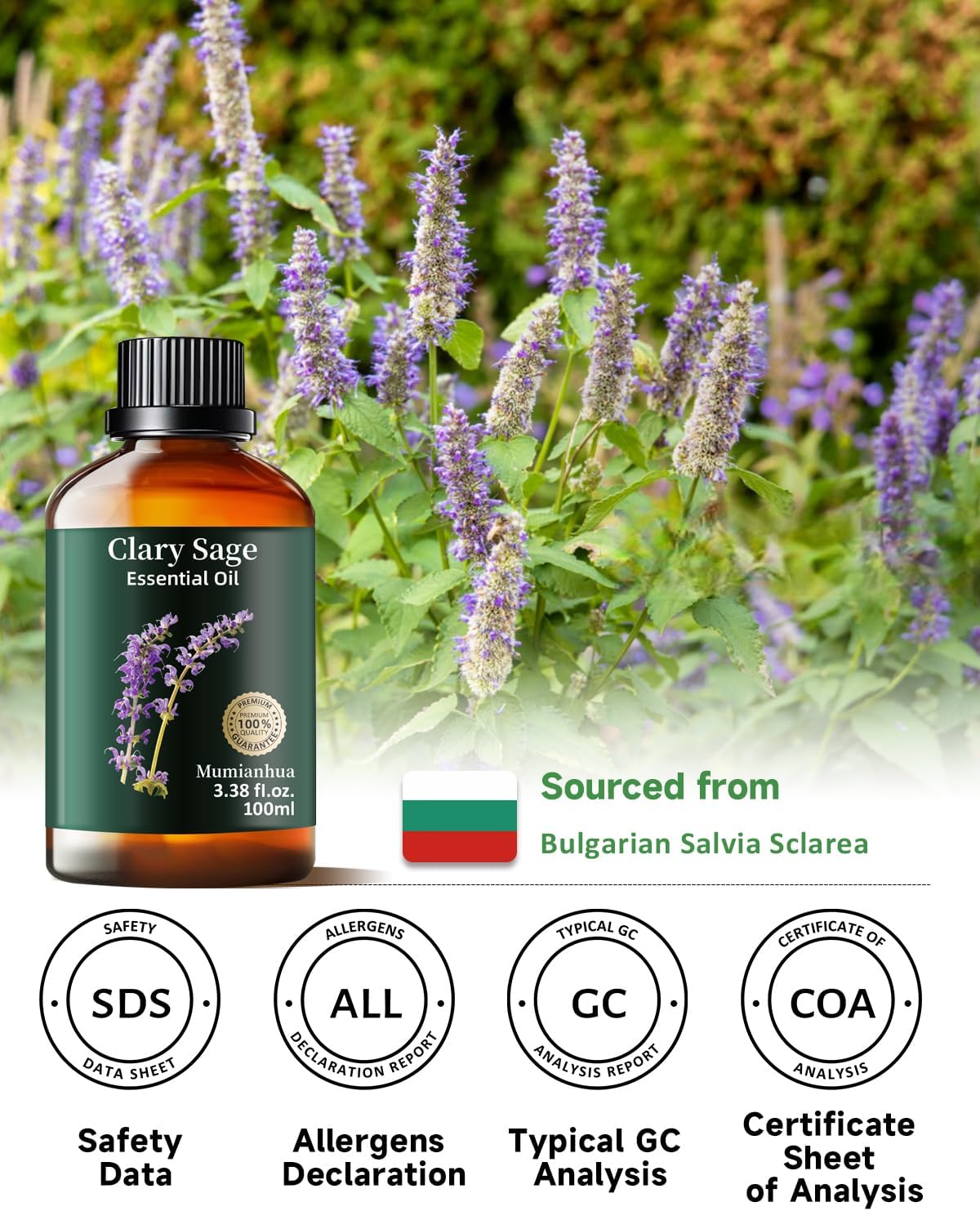 Clary Sage Essential Oil Pure, Mumianhua Natural Clary Sage Oil for Diffuser, Hair,Skin, Candle,Soap Making,Aromatherapy 3.38 Fl Oz