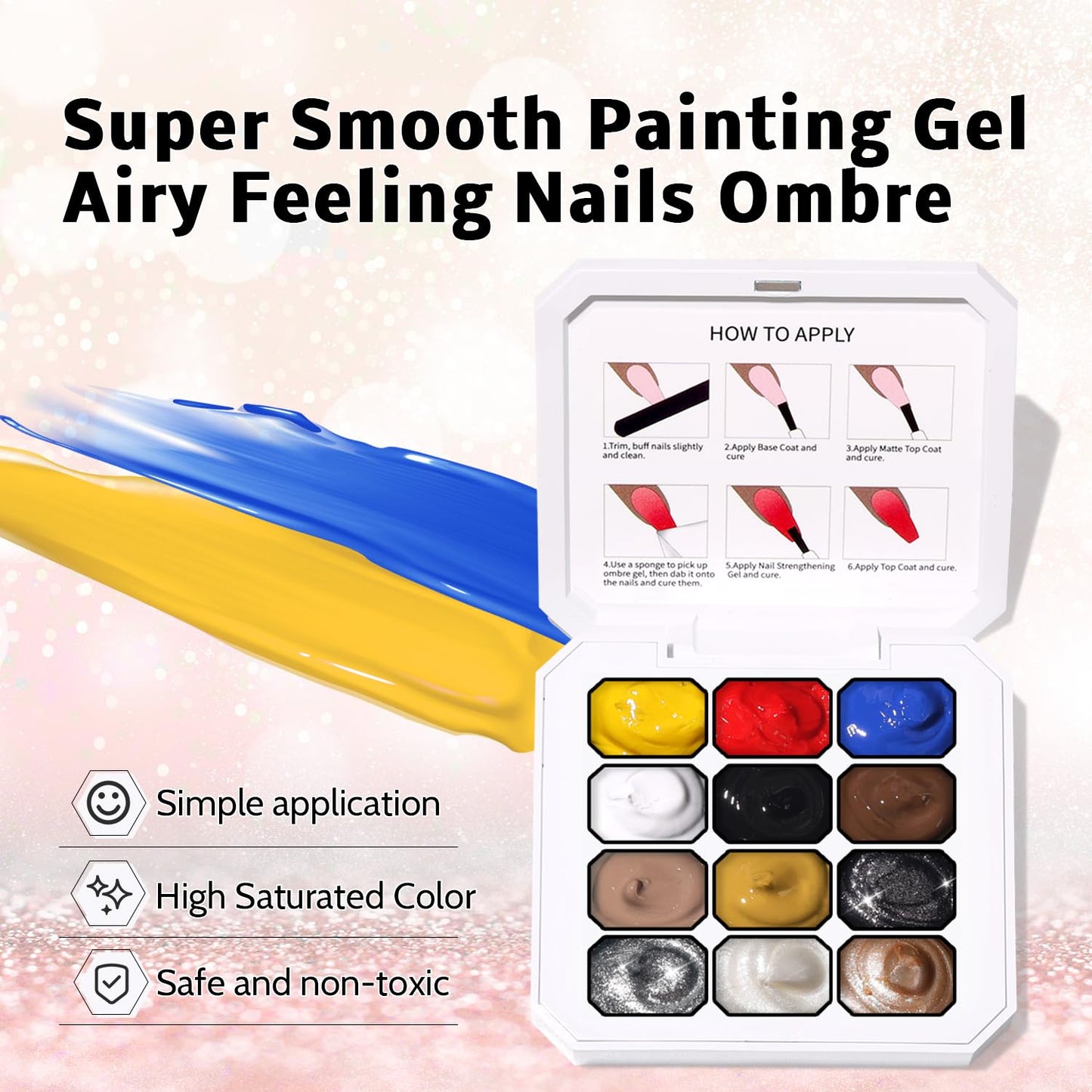 Sponge Pat Paint Nail Gel, Ombre Nails Gradient Gel Nail Blush Blooming Aura Nails Drawing Stripper Floral Painting DIY Nail Art, No Wipe, UV/LED Curing (12 Colors F)