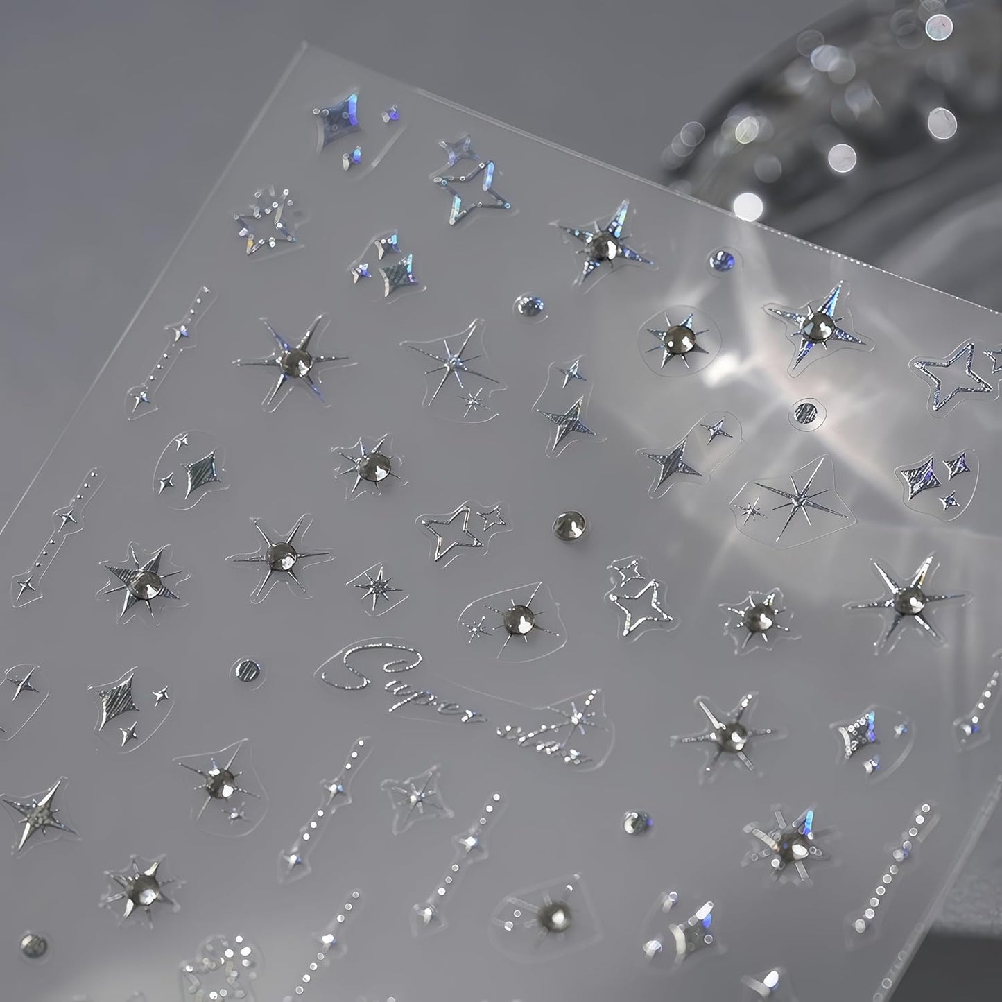 Glitter Diamond Stars Nail Art Stickers 3D Self-Adhesive Crystal Silver Decals Luxury with Rhinestones Stars Charms Design Stickers for Women DIY Manicure Decorations