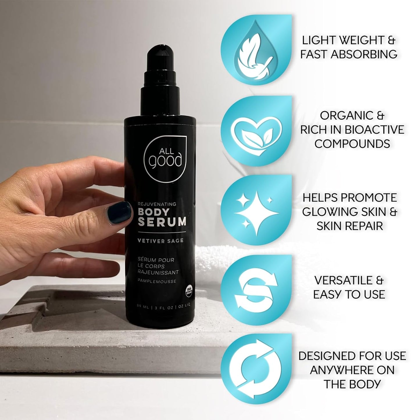 All Good Rejuvenating Body Serum for Men & Women - Calendula, Moringa, Sea Buckthorn & Essential Oils - Lightweight, Moisturizer & Replenishing Serum - Made in USA - 3oz (Clary Sage & Vetiver)