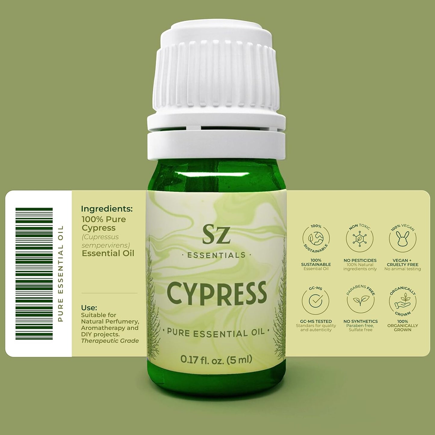Cypress Essential Oil (Cupressus sempervirens) - 100% Pure & Undiluted - Fresh Crisp & Woody Aroma with Overtones of Earth and Evergreen - Therapeutic Grade and Vegan - 0.17 oz (5ml)
