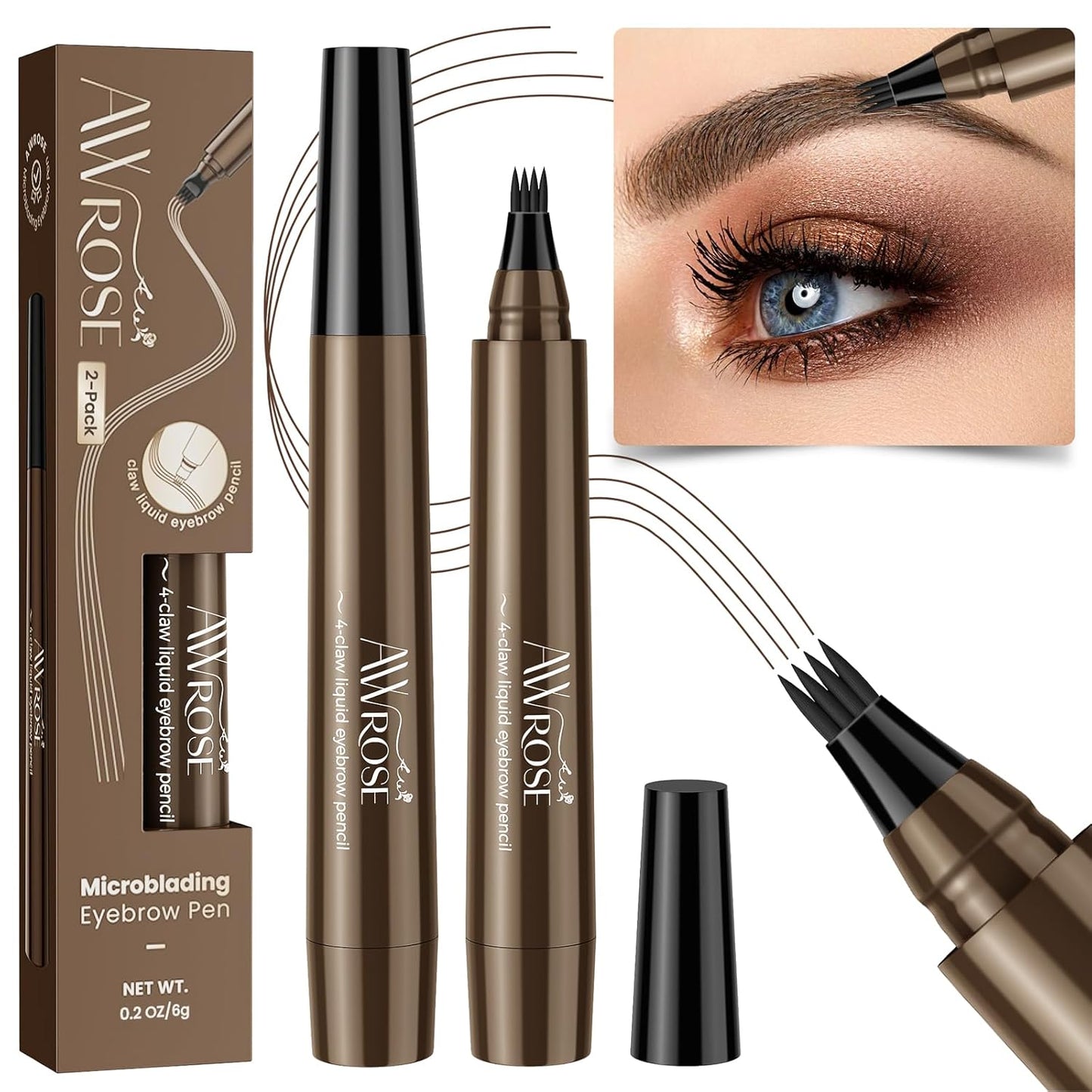 AWROSE Eyebrow Pencil, 2 Pack 3D Waterproof Microblading Eyebrow Pen 4 Fork Tip Tattoo Pencil, Precise Natural Magic Eye Brow Pen with Hair Like Strokes, 4 Points Multi-Used Eye Brow Pencils for Women