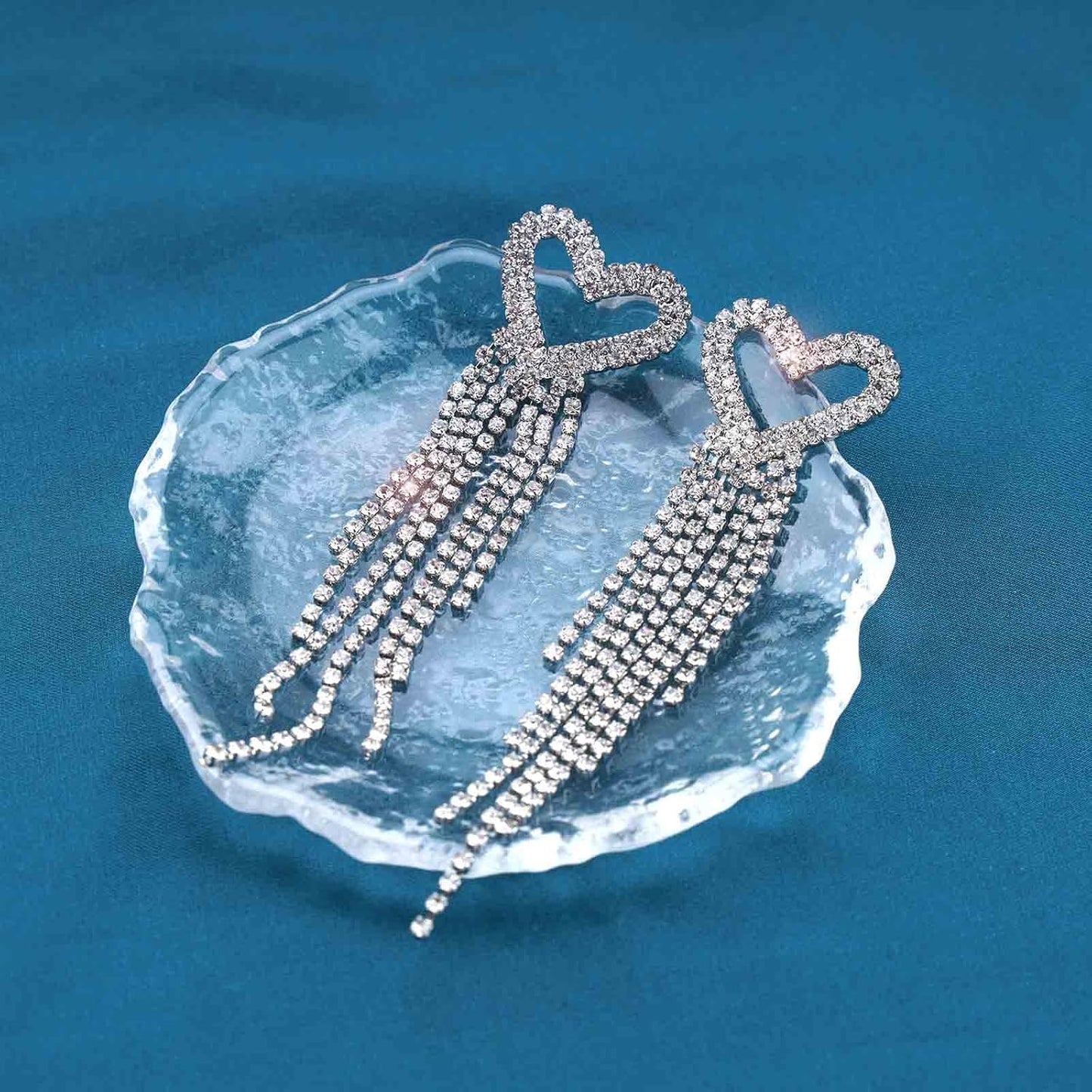 Boho Rhinestone Heart Tassel Earrings Long Tassel Chain Dangle Earrings Silver Crystal Cz Love Heart Studs Earrings Long Chandelier Dangle Earrings Wedding Cz Fringe Chain Earrings Jewelry for Women and Girls