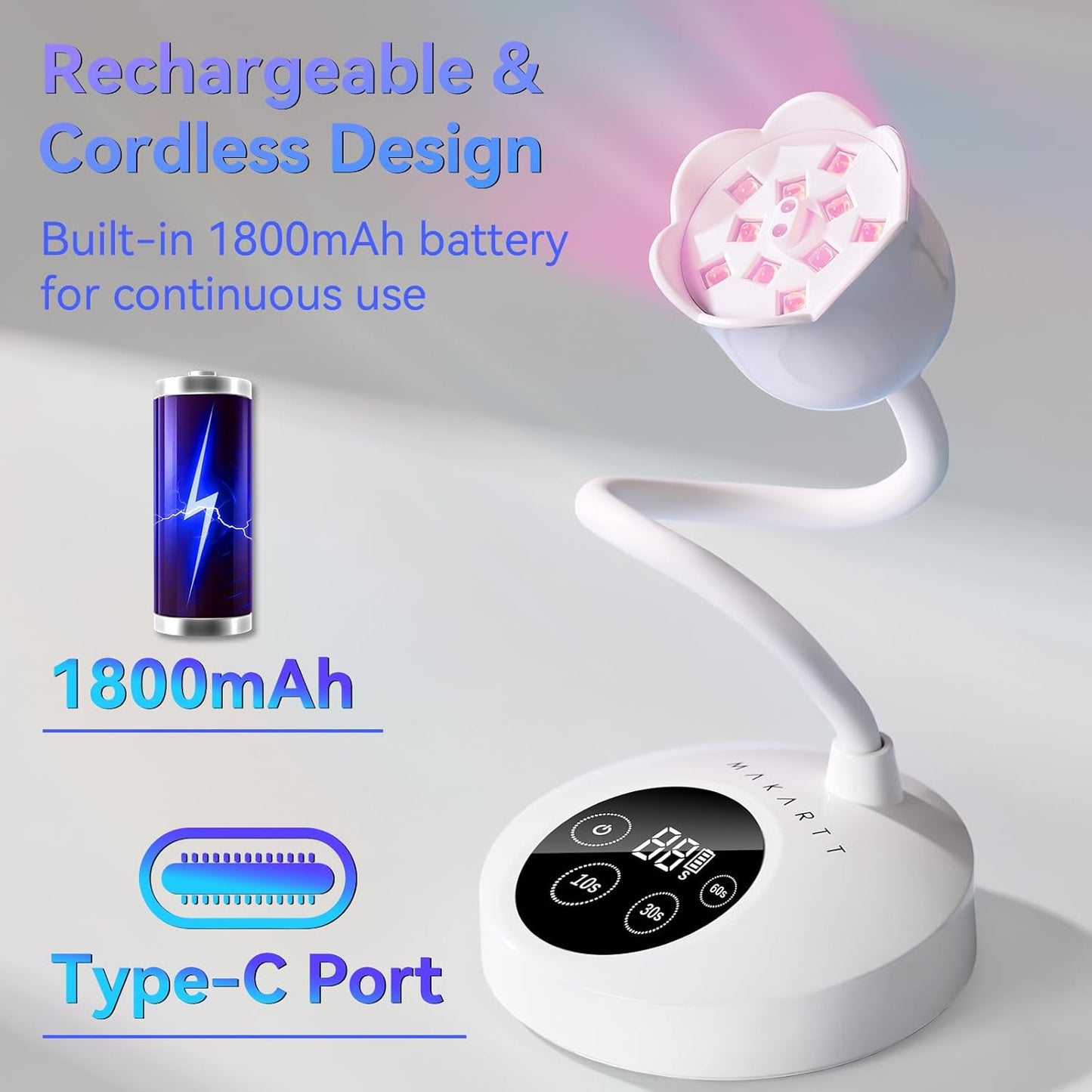 Makartt UV Nail Lamp: Mini UV Light for Gel Nails Polish Luminoza 30W Rechargeable LED Nail Light Nail Dryer with 4 Timers & Auto Sensor, Fast Curing Goosenecks Lamp for Home DIY Manicure