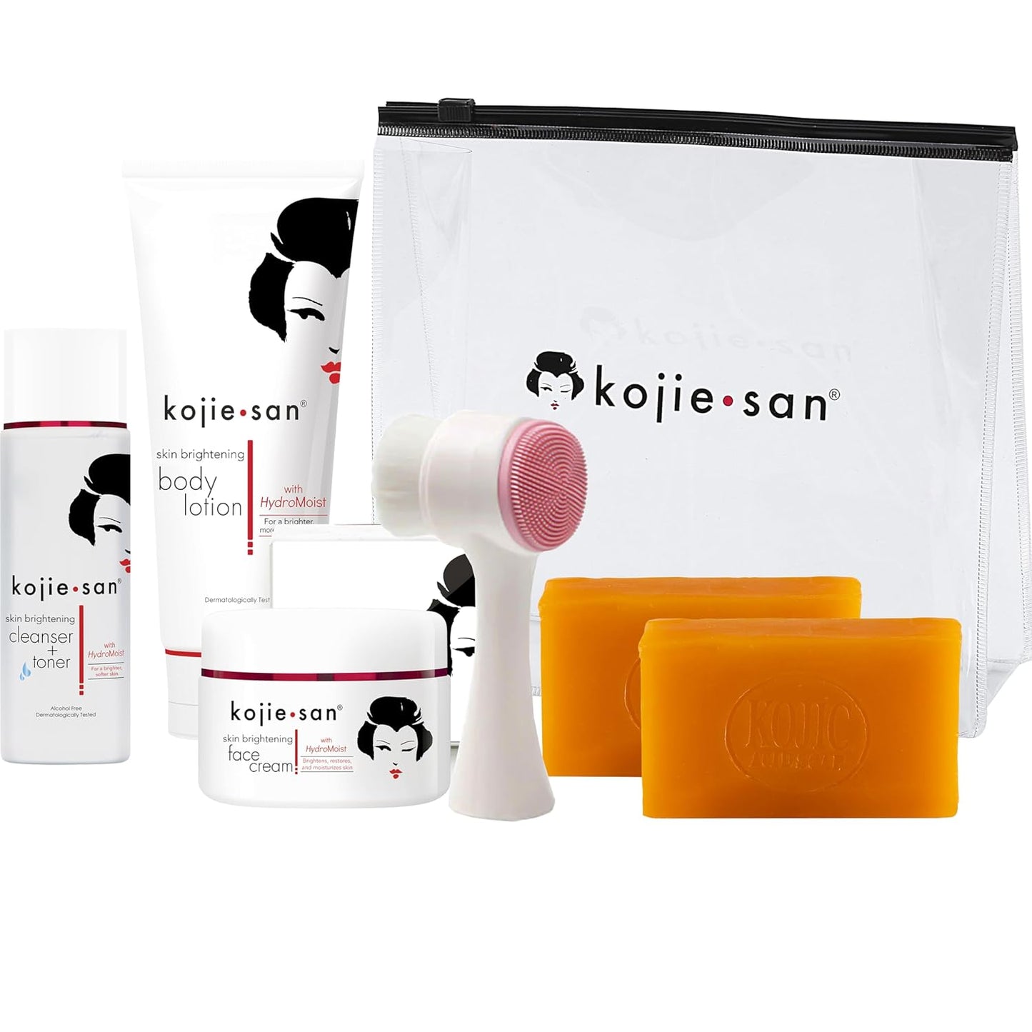 Kojie San Face & Body Shower Set - The Original Kojic Acid Soap that Reduces Visibility of Dark Spots, Hyperpigmentation, and Other types of Skin Damage – 135g x 2 Bars with Lotion, Cream and Toner