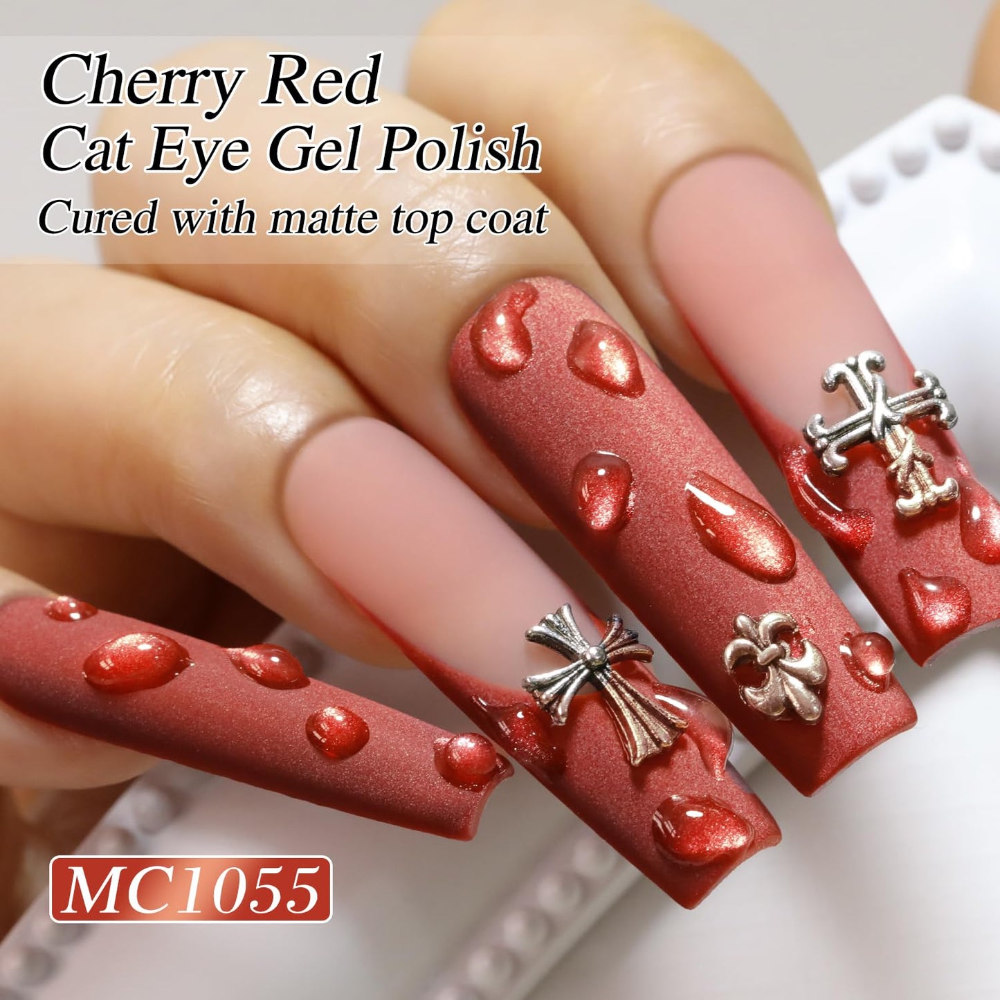 Double Rhythm 0.5 OZ Cat Eye Gel Polish with Magnet 15ML Holographic Glitter Shimmer Translucent Jelly Color Magnetic Nail Polish Salon DIY at Home (Red-MC1055)